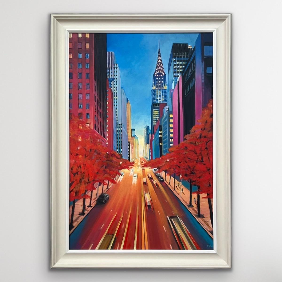 Painting of the Chrysler Building 42nd Street New York City by Contemporary British Artist, Angela Wakefield.

Art measures 24 x 36 inches
Frame measures 30 x 42 inches

Framed in a high quality off-white hand-finished wooden moulding

Colours: