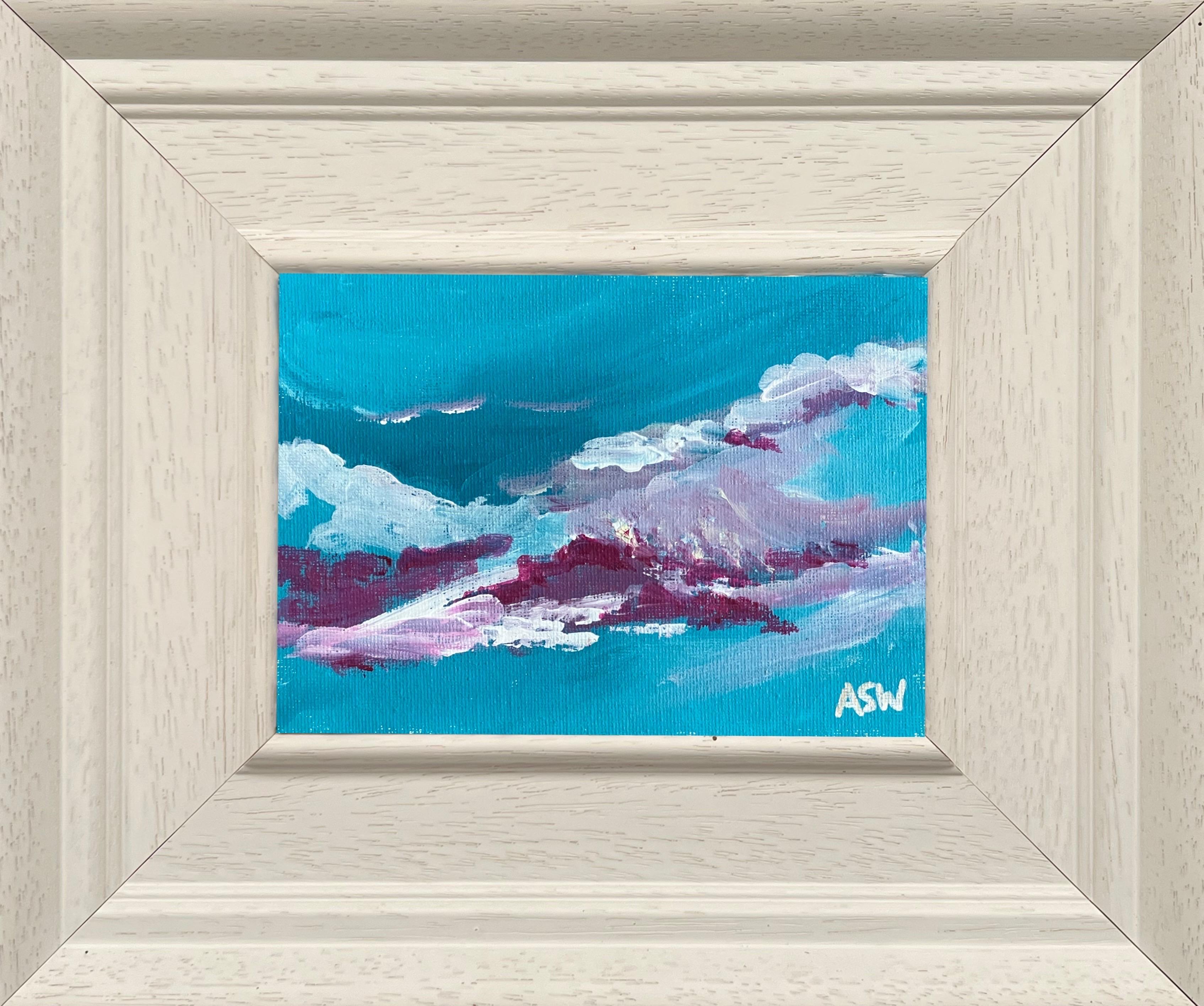 Angela Wakefield Landscape Painting - Miniature Abstract Painting Turquoise Background by Contemporary British Artist