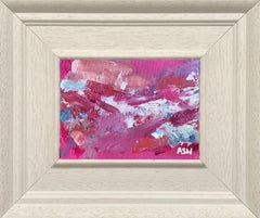 Peinture abstraite miniature sur fond rose par un artiste britannique contemporain