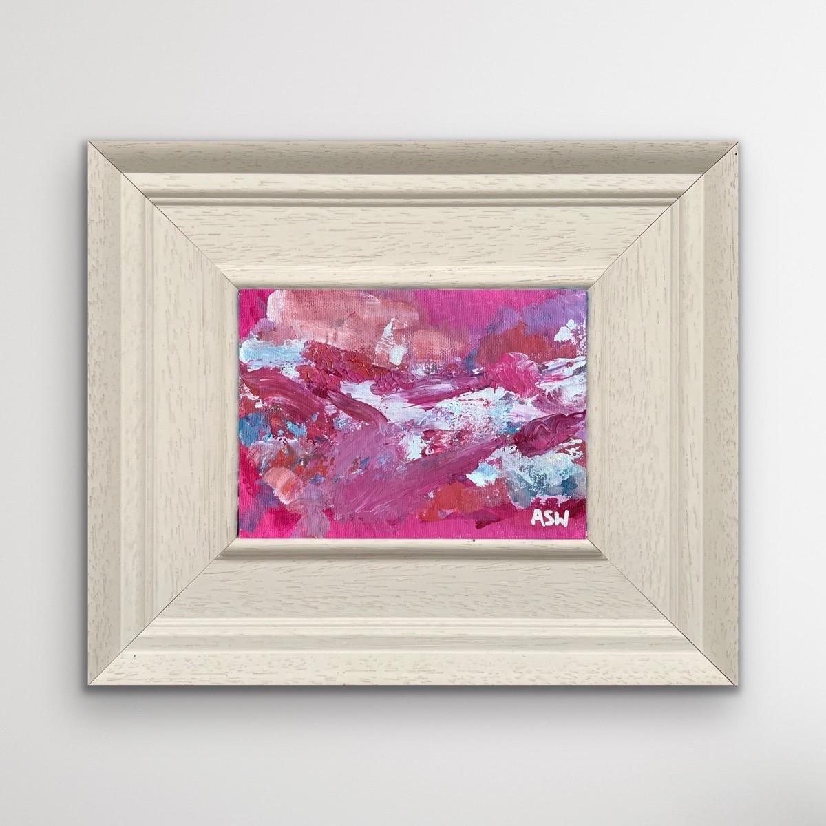 Abstraktes Miniatur-Gemälde auf rosa Hintergrund von Contemporary British Artist – Painting von Angela Wakefield