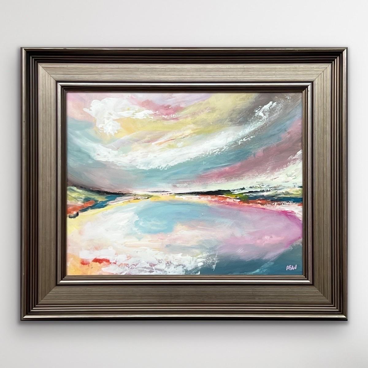 Abstract Landscape Seascape Art with Pink Blue & White Sky by British Artist - Painting by Angela Wakefield