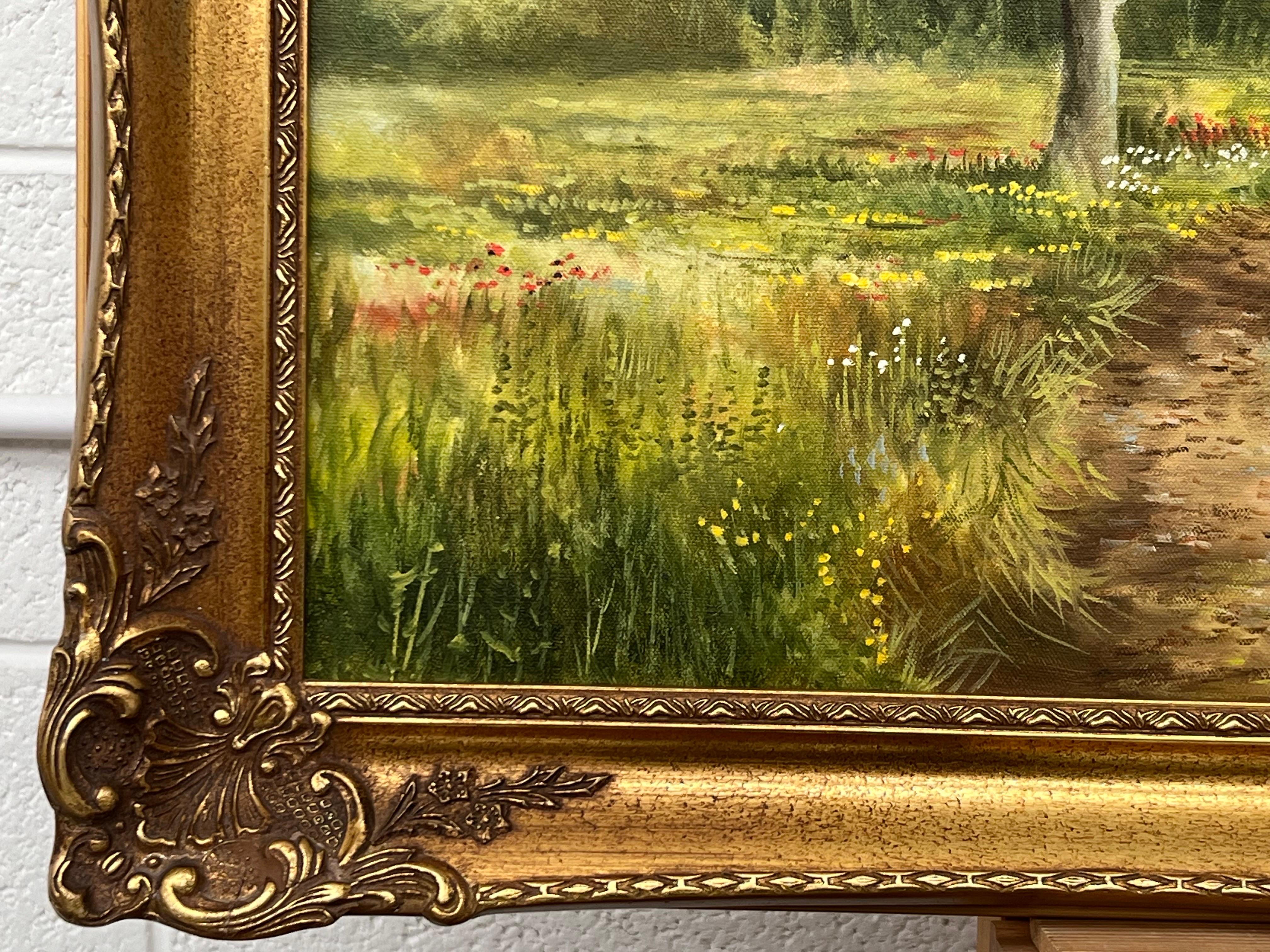 Summer Walk in a Rural Village in the English Countryside by British Artist, Kevin Curtis (1958-2009)

Art measures 36 x 24 inches
Frame measures 42 x 30 inches

Signed Vintage Original Oil Painting in an ornate gold frame

This painting showcases a