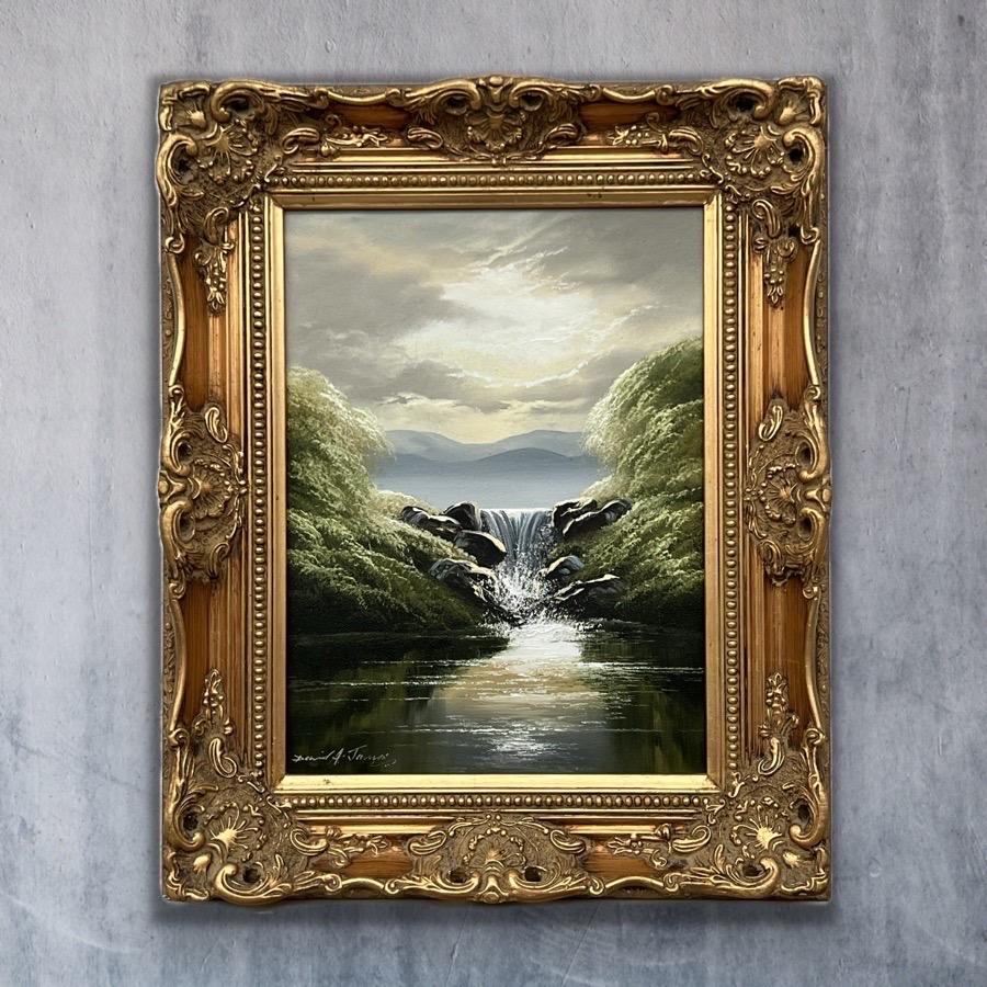 Whispers of the Falls - Cascata del lago fluviale con alberi rigogliosi di un artista britannico - Figurative Painting Marrone di David James