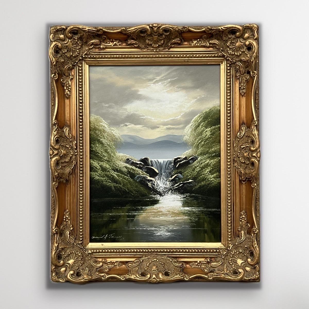 Whispers of the Falls - Cascata del lago fluviale con alberi rigogliosi di un artista britannico - Painting di David James