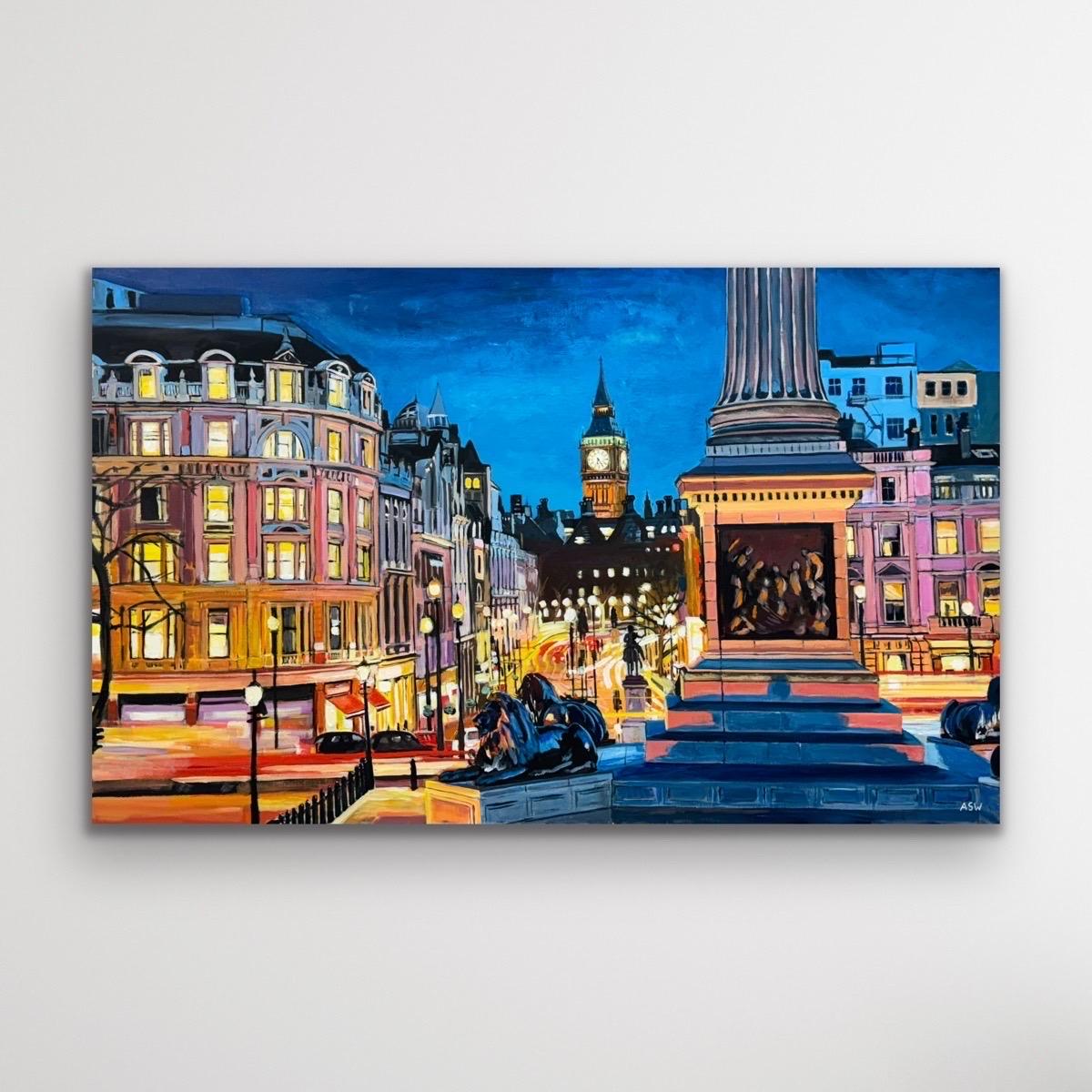 Trafalgar Square Big Ben Westminster London, England, von British Cityscape Artist (Zeitgenössisch), Painting, von Angela Wakefield