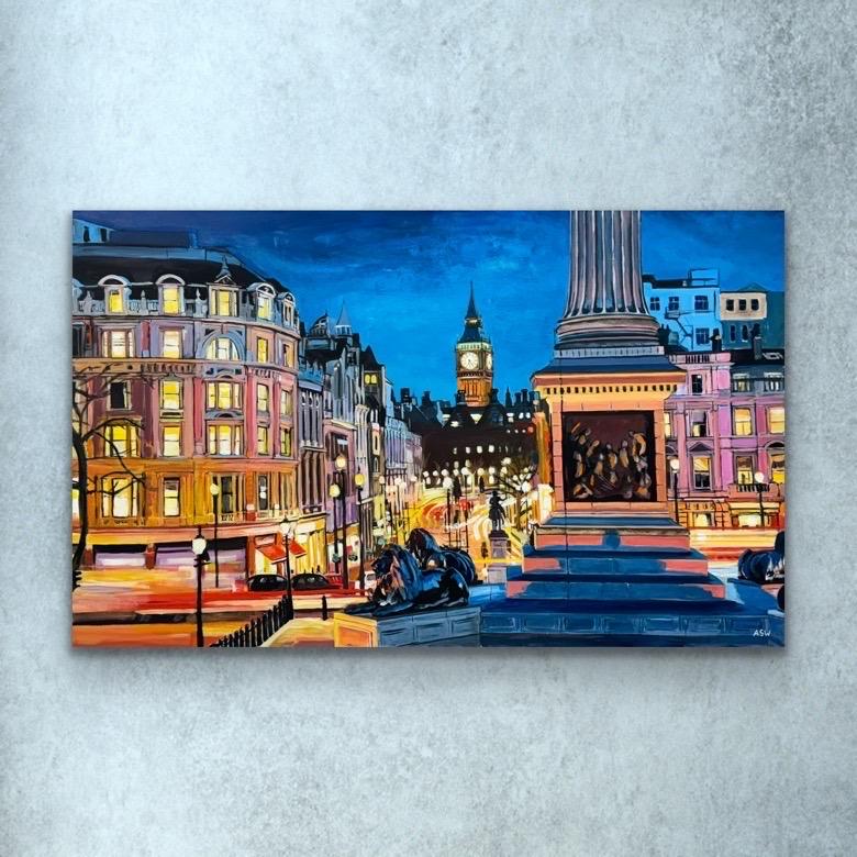 Trafalgar Square Big Ben Westminster London, England, von British Cityscape Artist (Blau), Figurative Painting, von Angela Wakefield