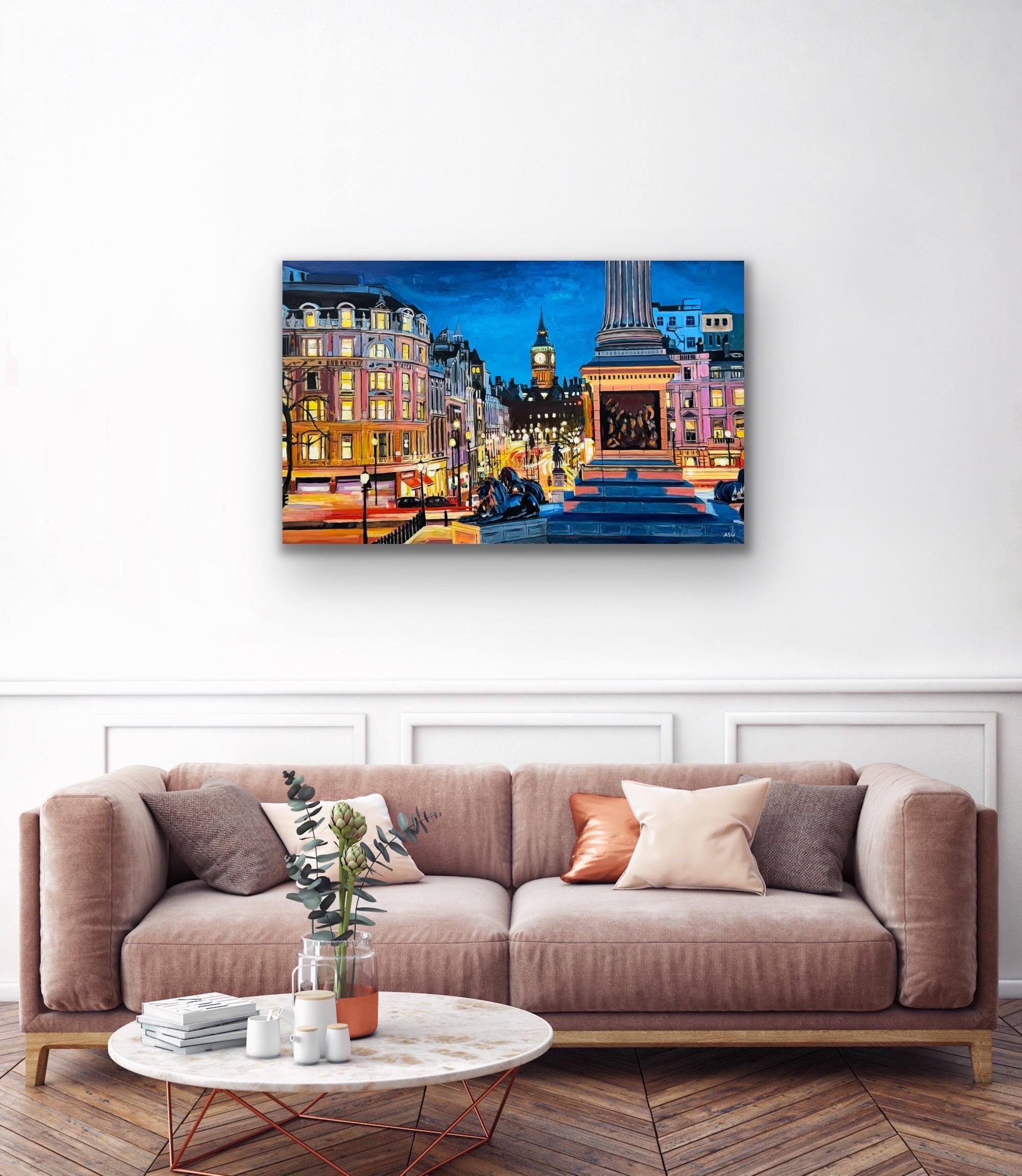 Ein Originalgemälde von Westminster vom Trafalgar Square mit Big Ben, London, England, von der führenden britischen Künstlerin für Stadtlandschaften, Angela Wakefield. Es handelt sich um ein größeres Werk aus der London Collection'S, die bereits