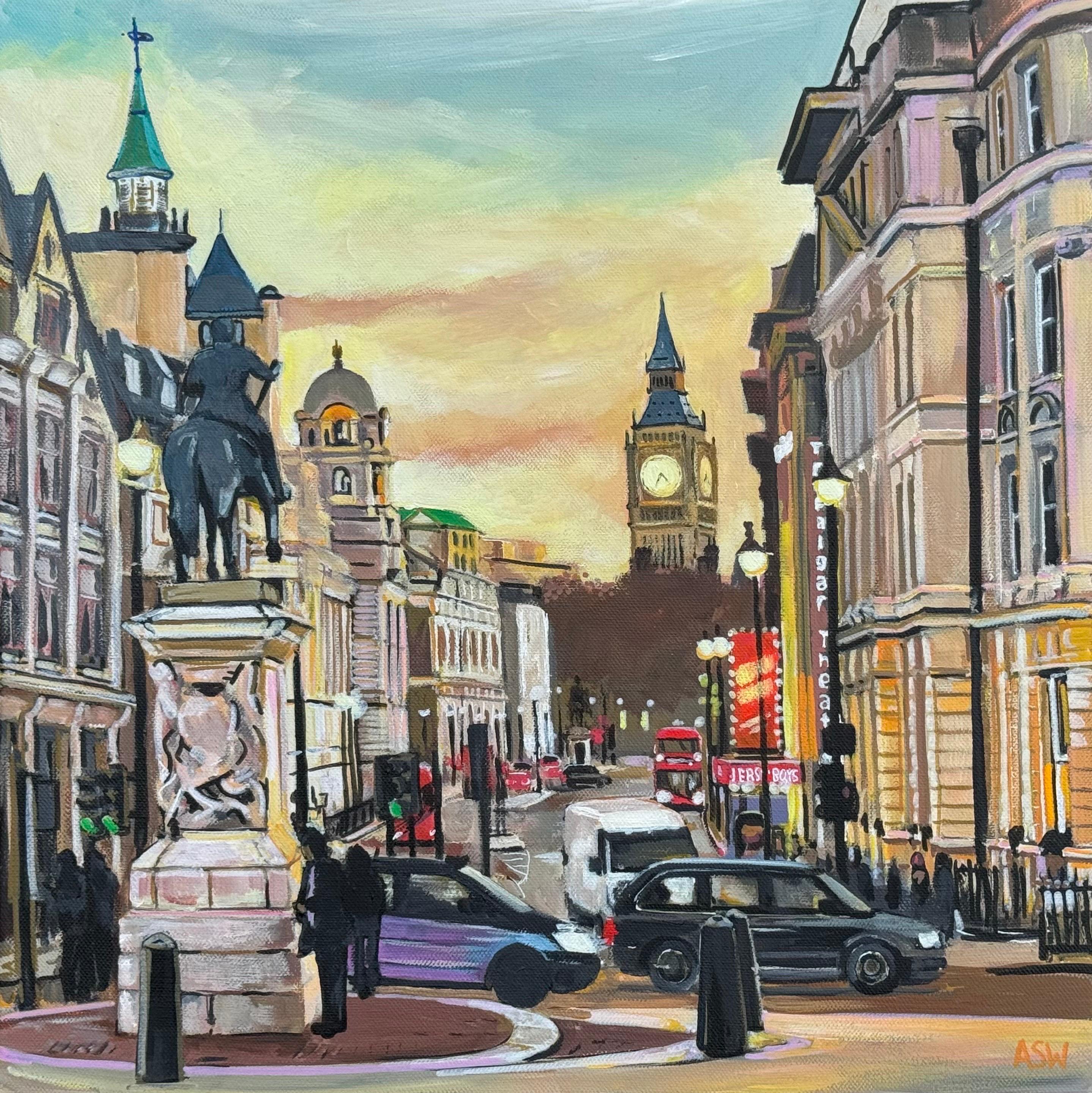 Arte paisajístico urbano de la ciudad de Londres Westminster por un artista británico contemporáneo - Landscape Painting Marrón de Angela Wakefield