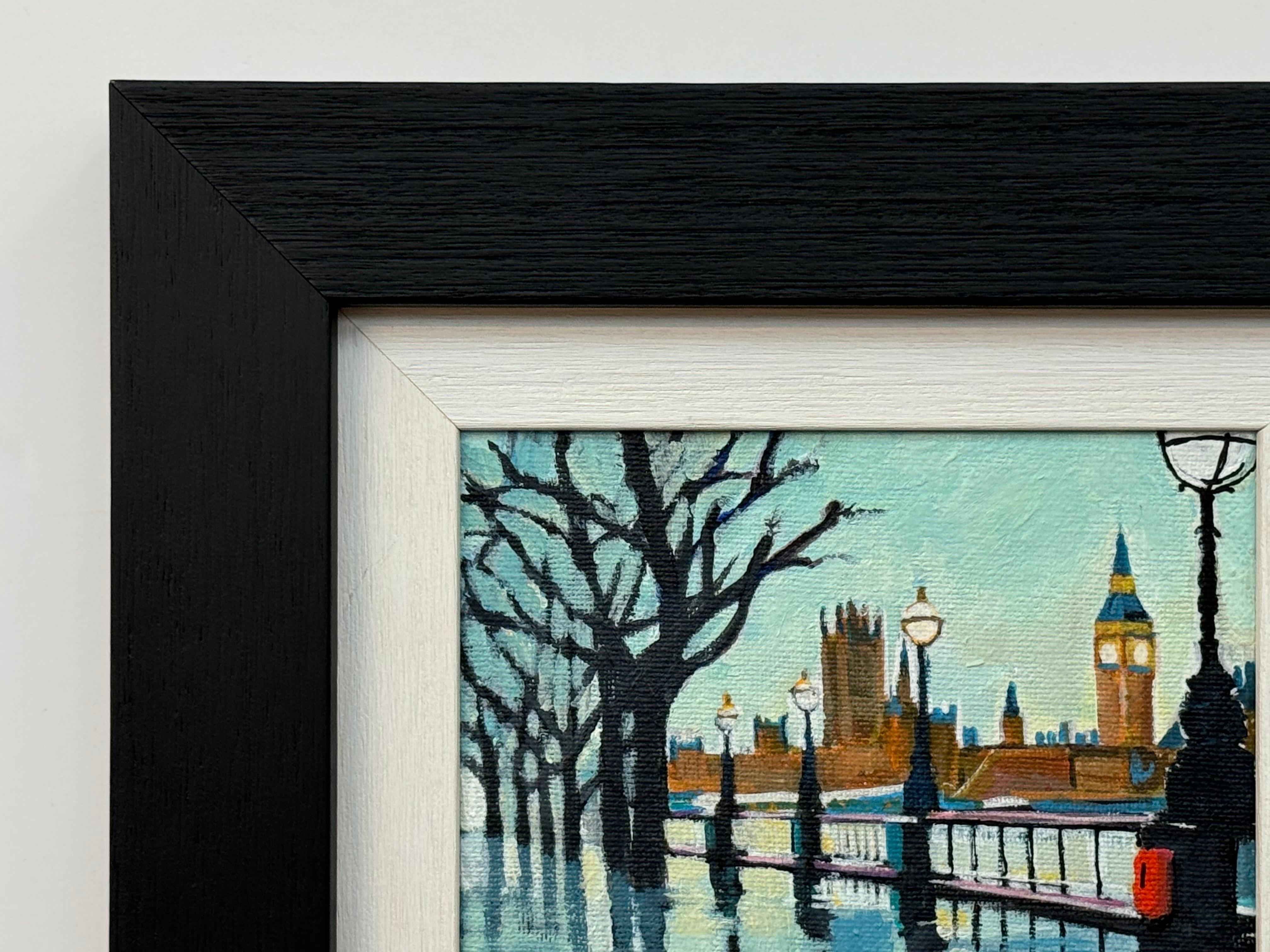 Miniatur-Gemälde von Victoria Embankment London & Houses of Parliament im Regen im Angebot 2