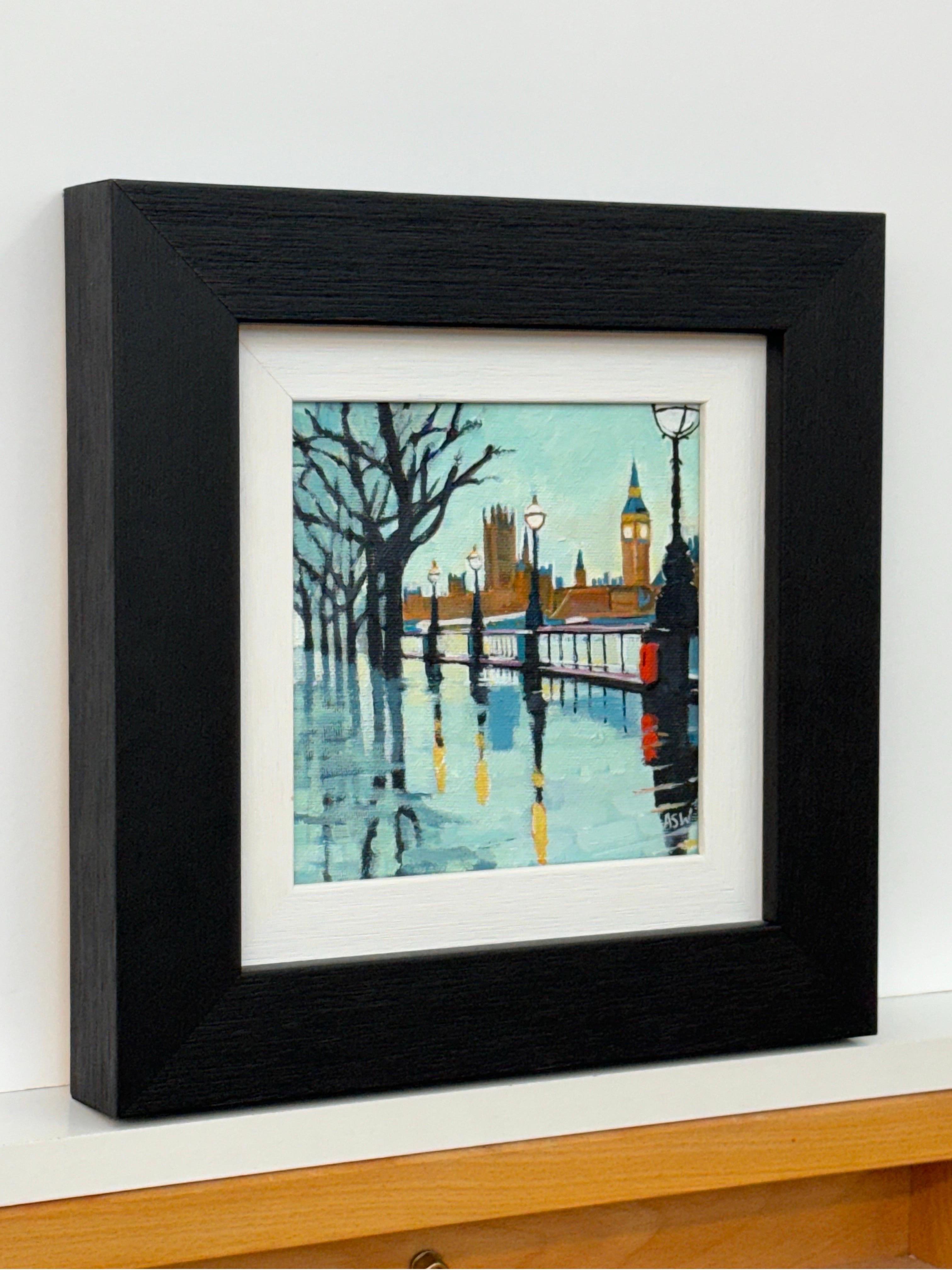 Miniatur-Gemälde von Victoria Embankment London & Houses of Parliament im Regen (Zeitgenössisch), Painting, von Angela Wakefield