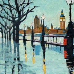 Miniature Painting of Victoria Embankment London & Houses of Parliament in Rain