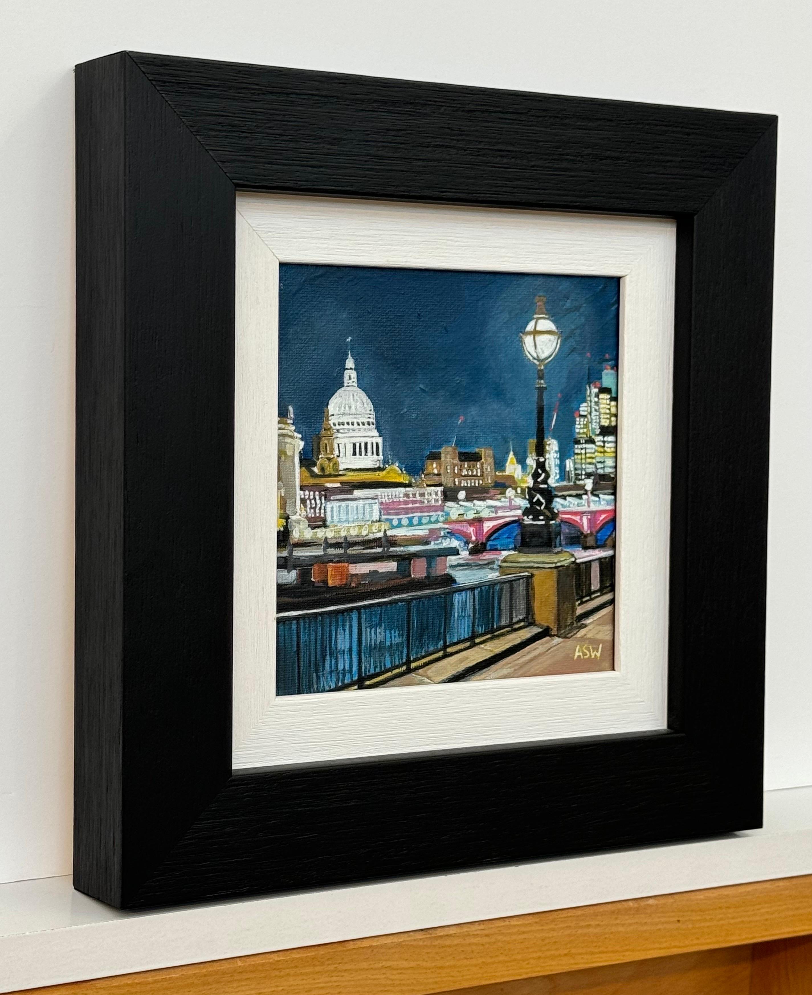 Miniature Painting of Victoria Embankment London & St Pauls Cathedral at Night - Black Landscape Painting by Angela Wakefield