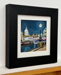 Miniature Painting of Victoria Embankment London & St Pauls Cathedral at Night