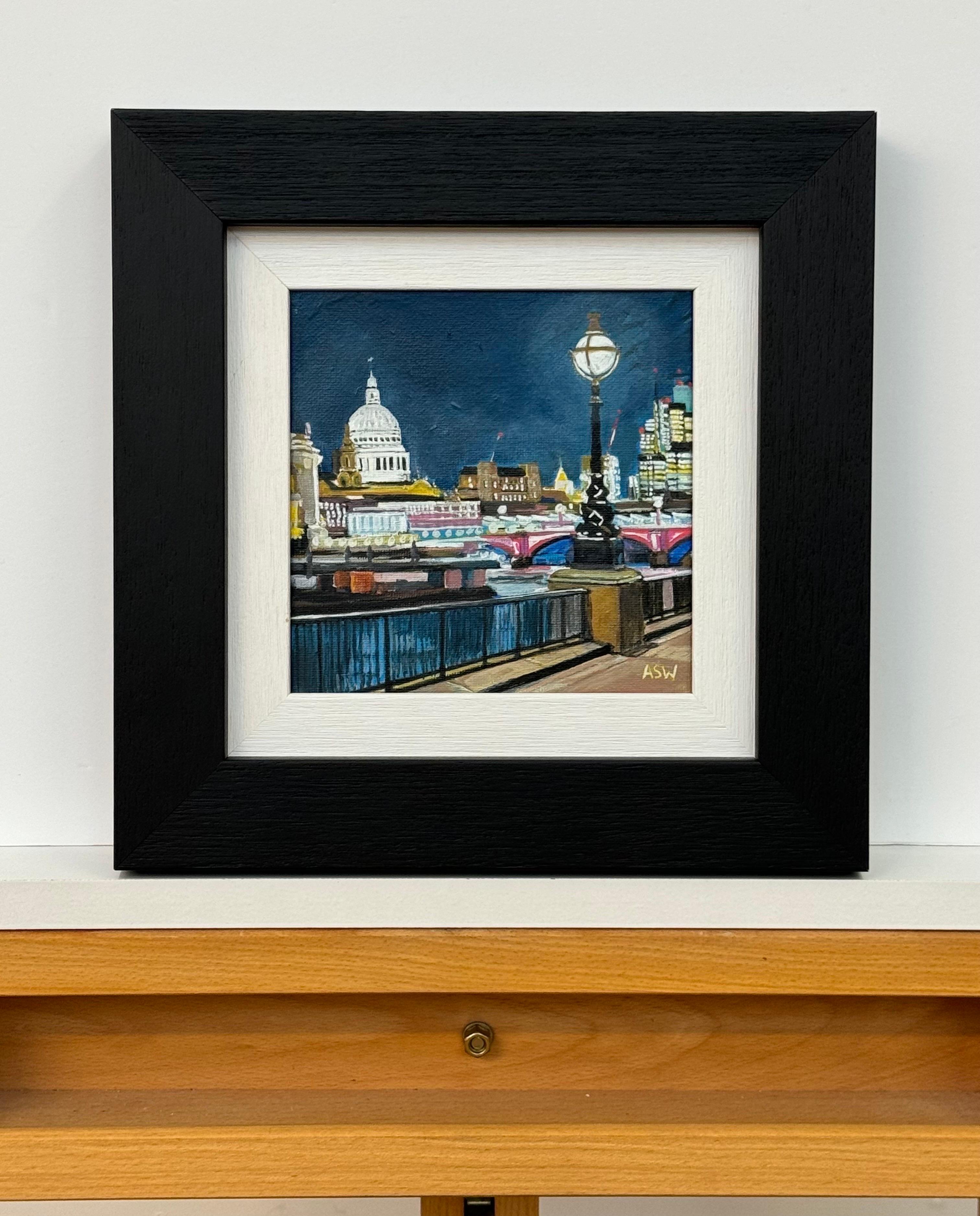 Miniature Painting of Victoria Embankment London & St Pauls Cathedral at Night - a unique original from leading Contemporary Cityscape Artist, Angela Wakefield. Part of the London Collection. 

Art measures 6 x 6 inches 
Frame measures 10.5 x 10.5