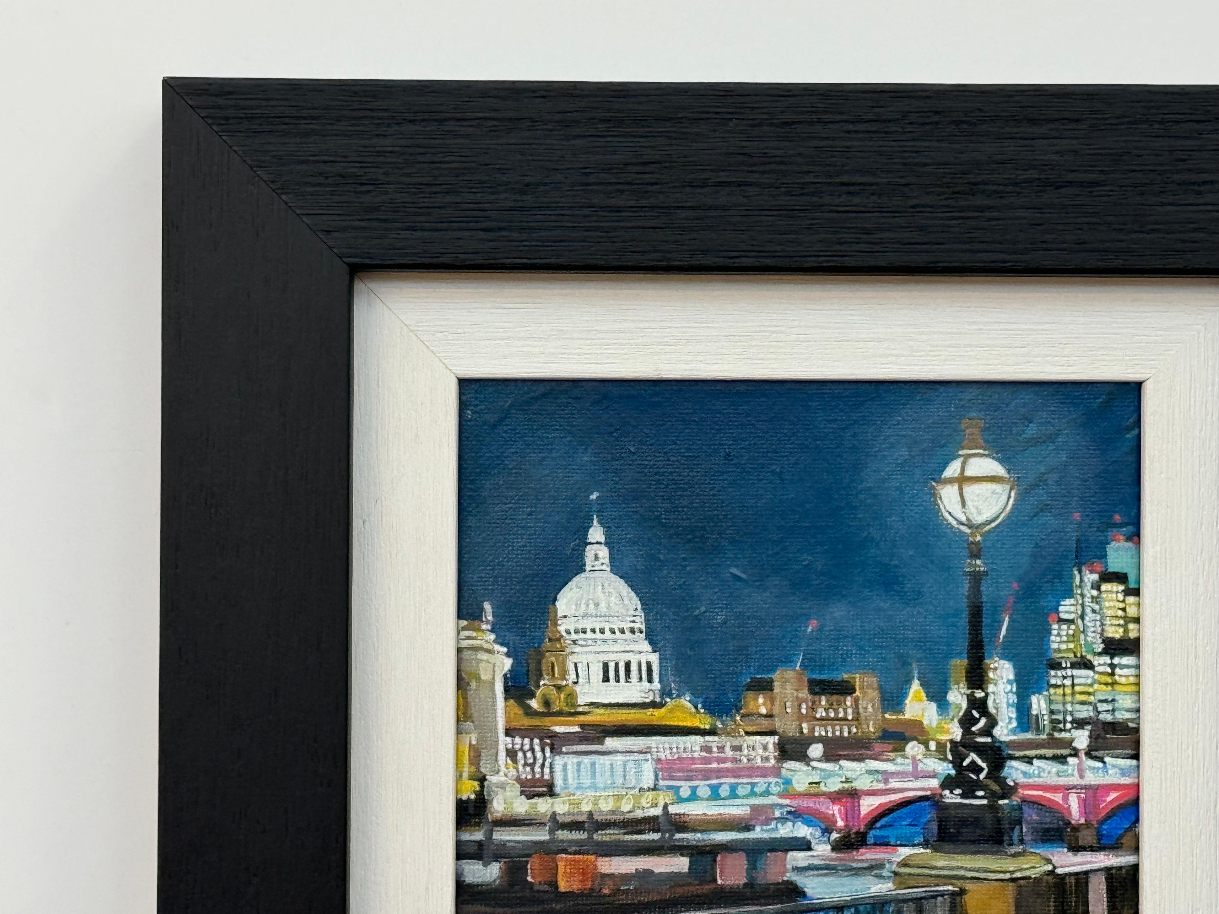 Miniature Painting of Victoria Embankment London & St Pauls Cathedral at Night For Sale 4