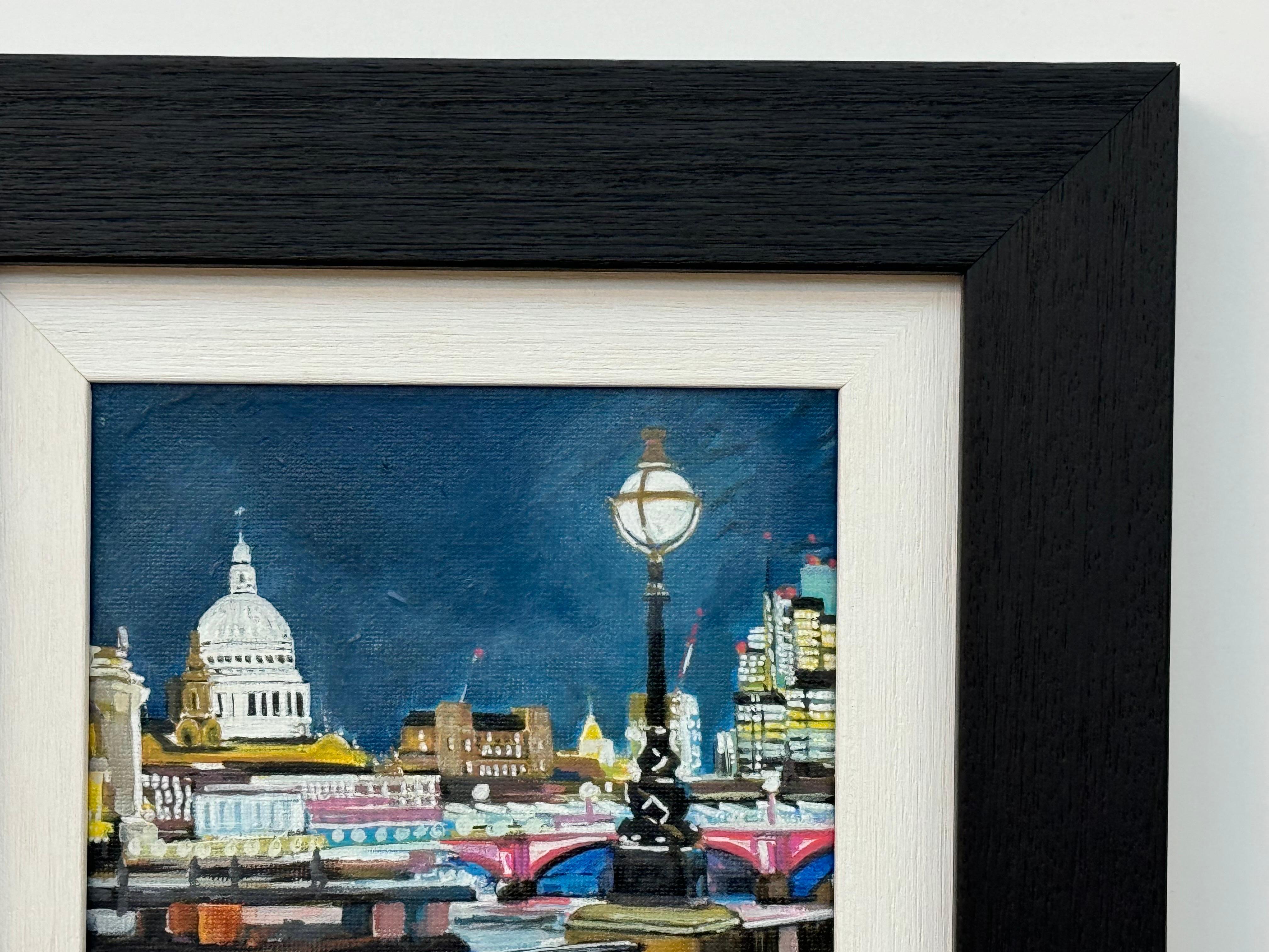 Miniature Painting of Victoria Embankment London & St Pauls Cathedral at Night For Sale 5