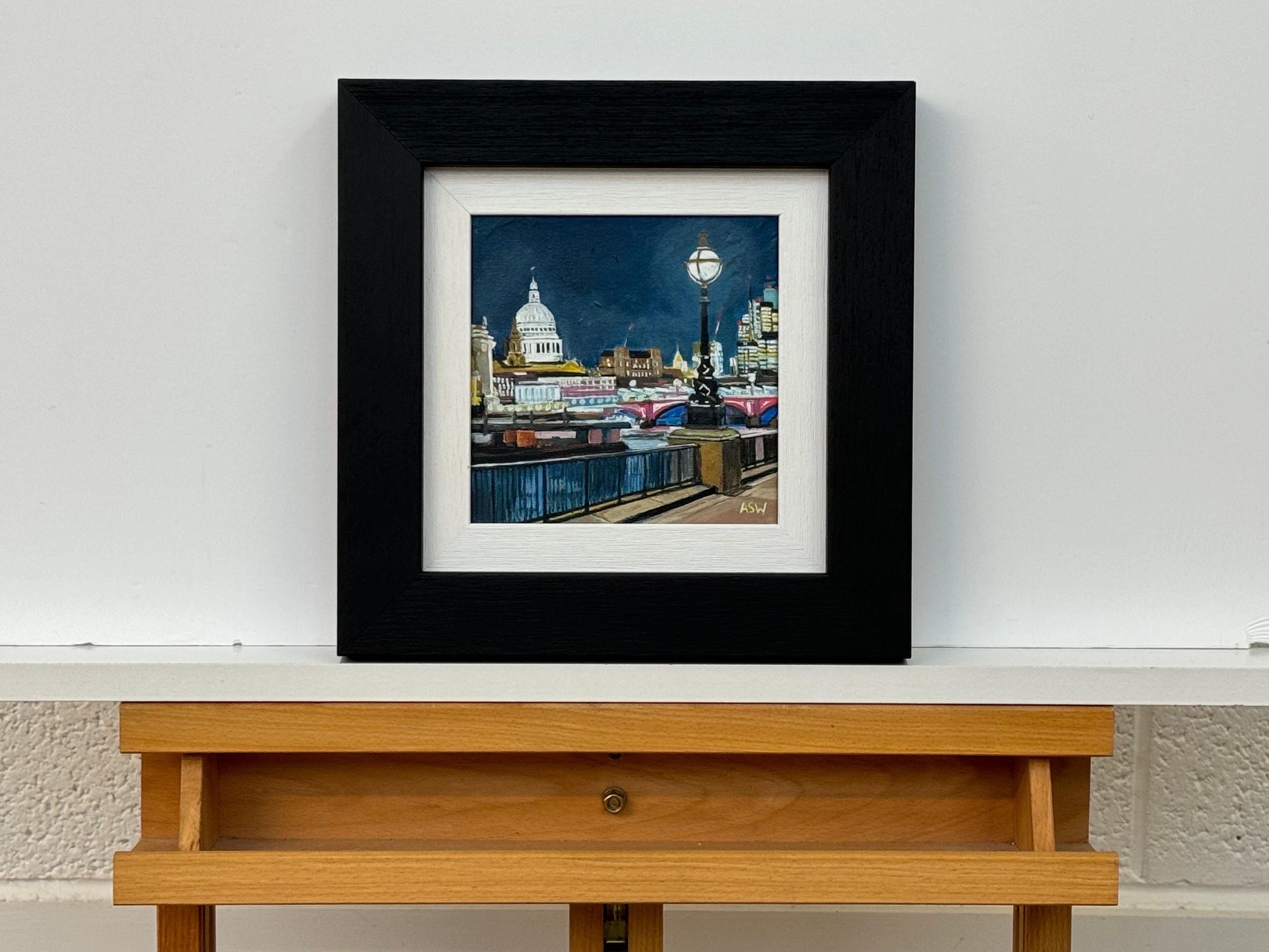 Miniature Painting of Victoria Embankment London & St Pauls Cathedral at Night For Sale 6