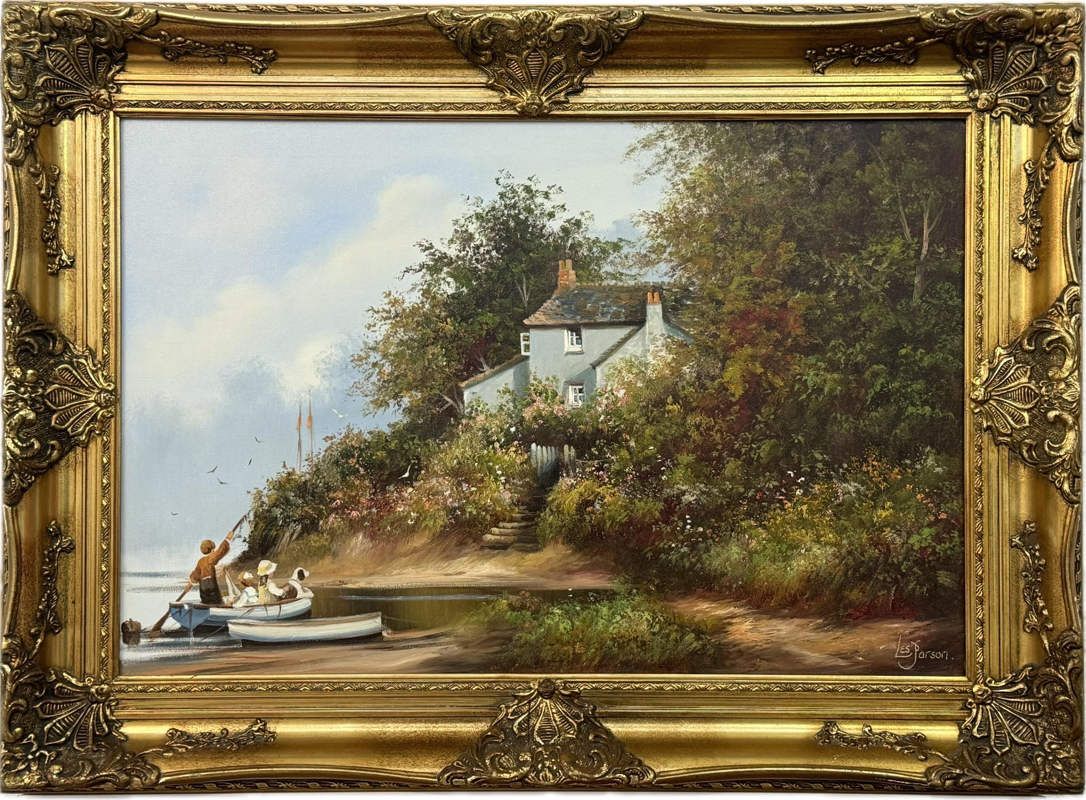 Les Parson Landscape Painting - Three Children and Dog in a Rowing Boat at a Farmhouse Flower Garden in England