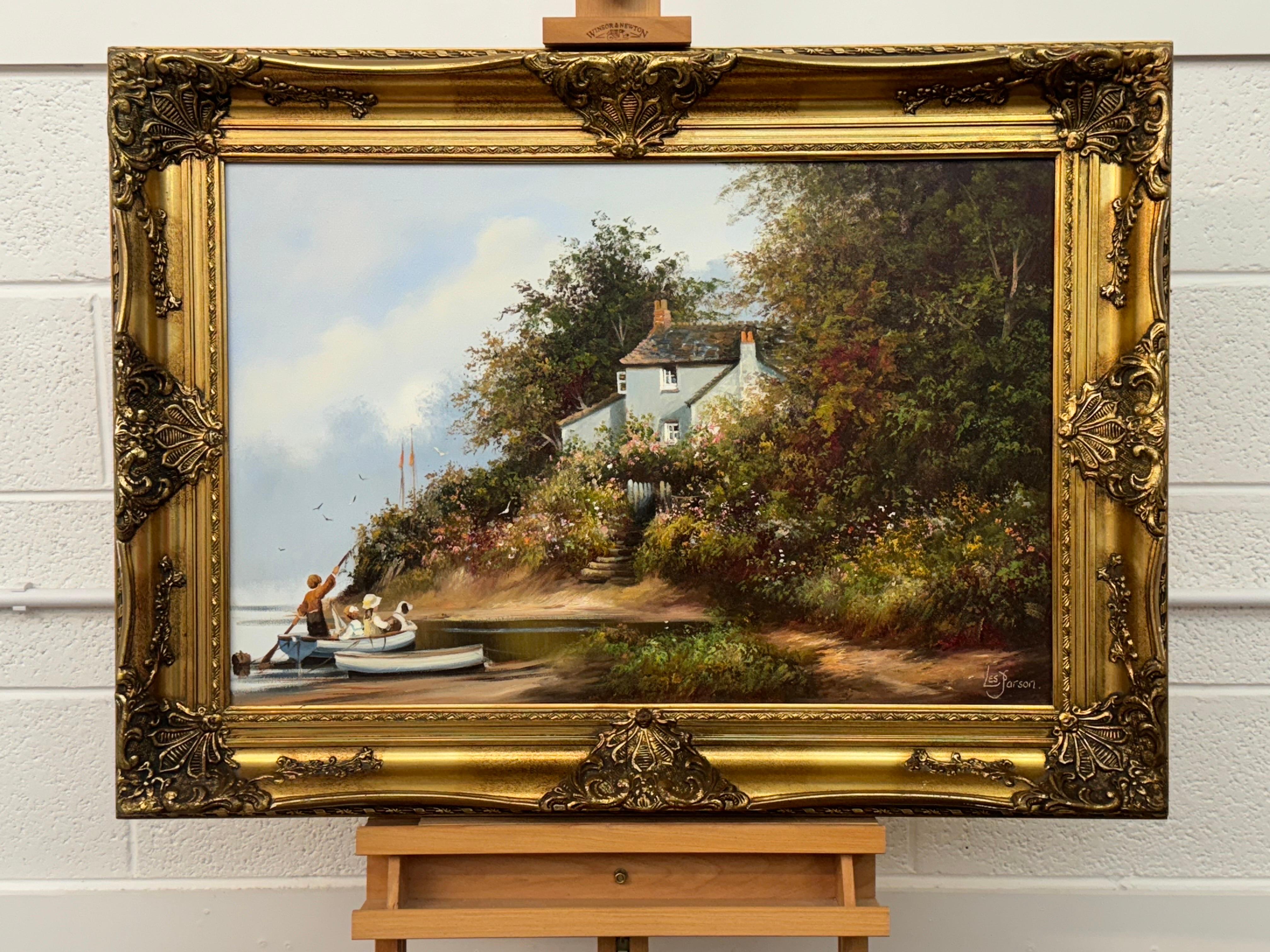Three Children and Dog in a Rowing Boat at a Farmhouse Flower Garden in England - Painting by Les Parson