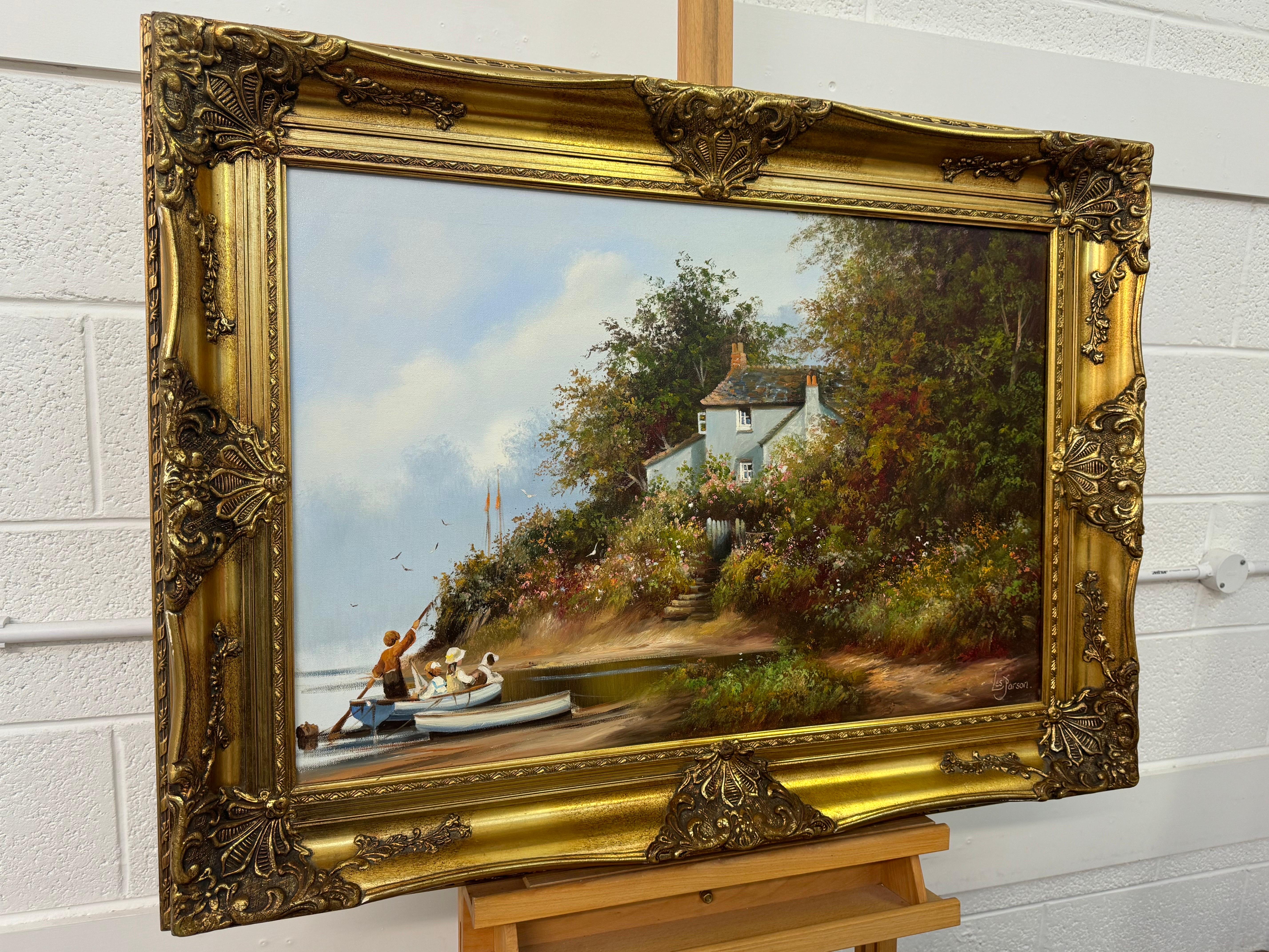 Three Children and Dog in a Rowing Boat at a Farmhouse Flower Garden in England by British Artist, Les Parson entitled 