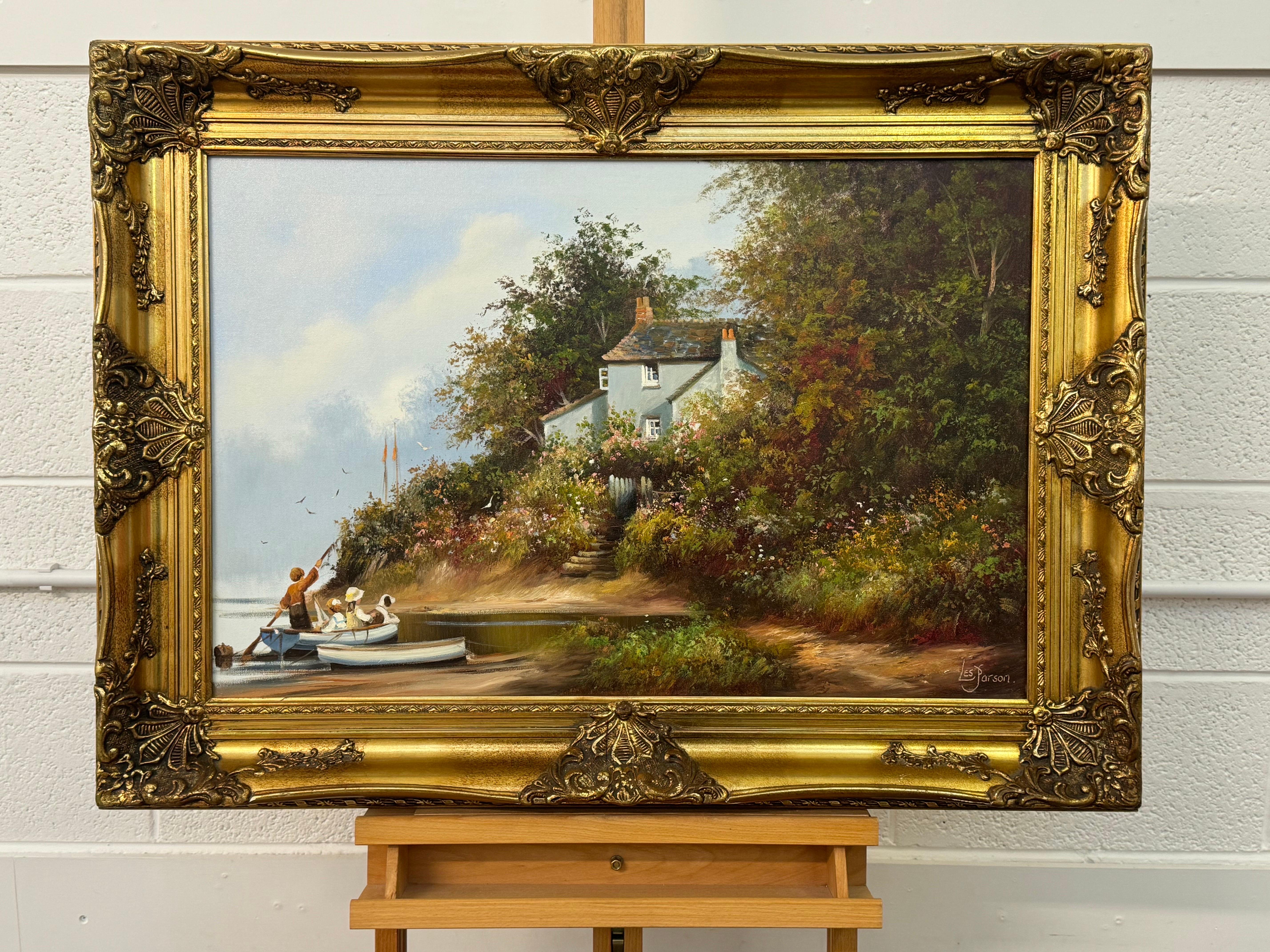 Three Children and Dog in a Rowing Boat at a Farmhouse Flower Garden in England For Sale 1