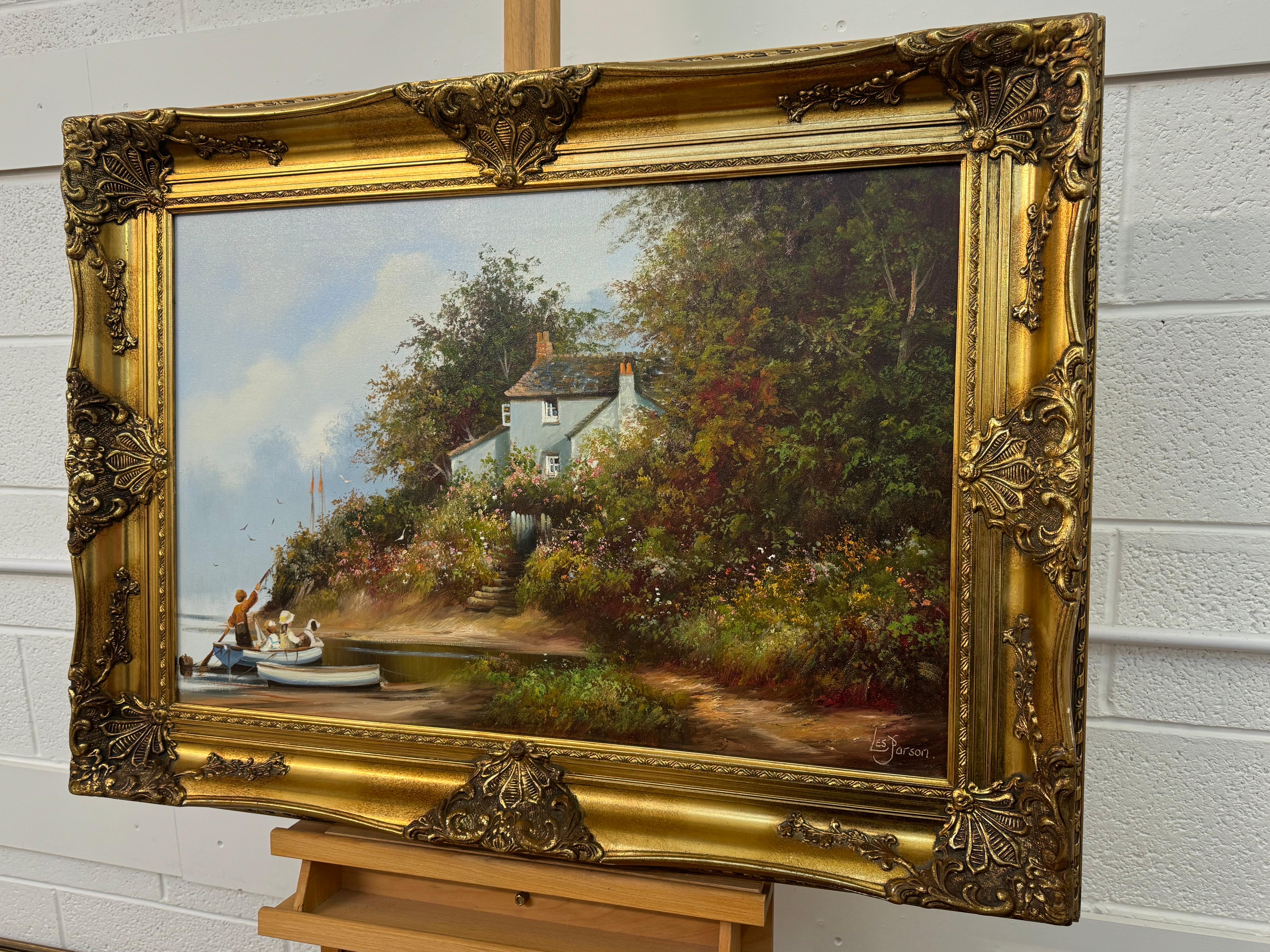 Three Children and Dog in a Rowing Boat at a Farmhouse Flower Garden in England For Sale 2
