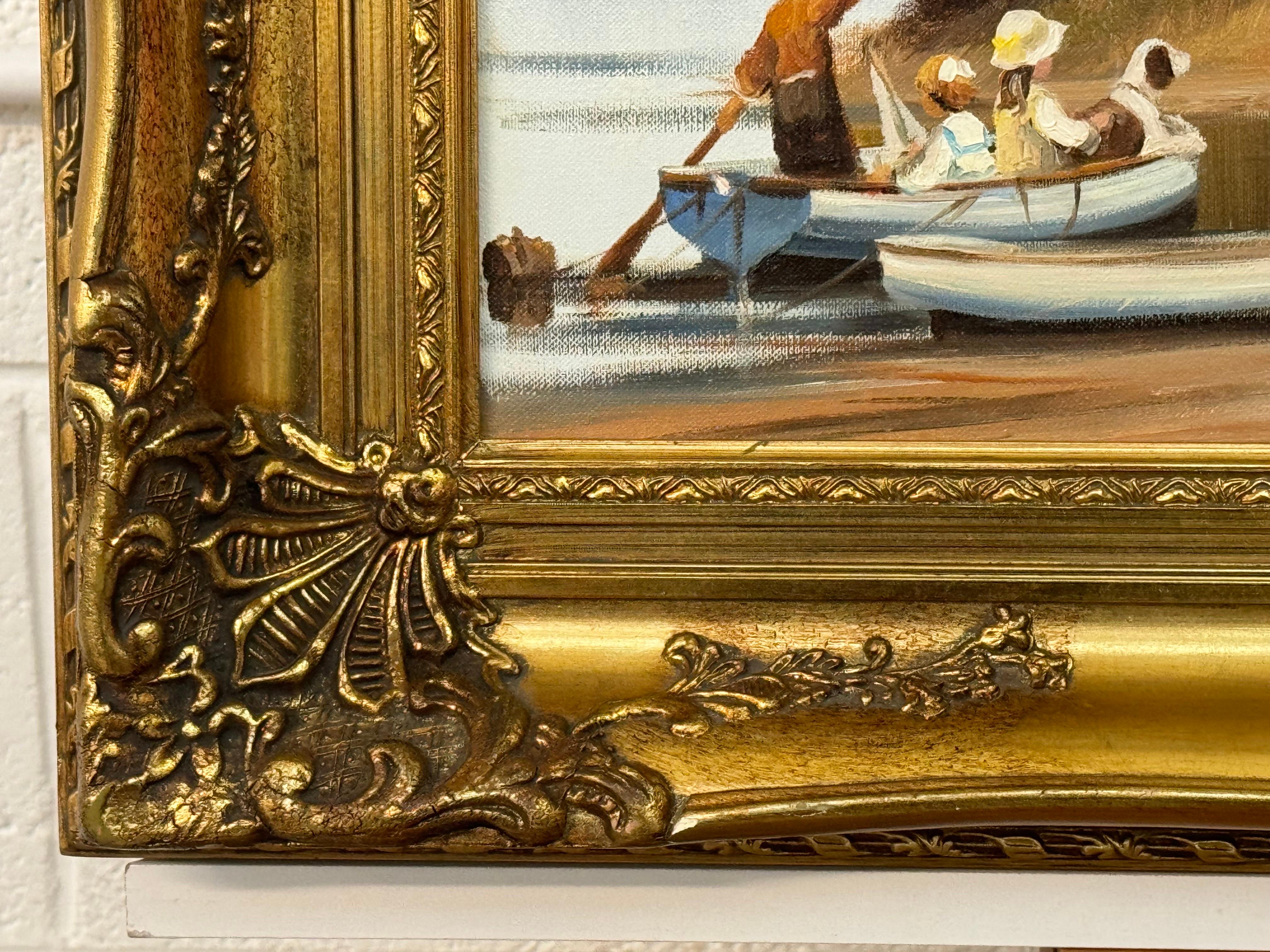 Three Children and Dog in a Rowing Boat at a Farmhouse Flower Garden in England For Sale 8