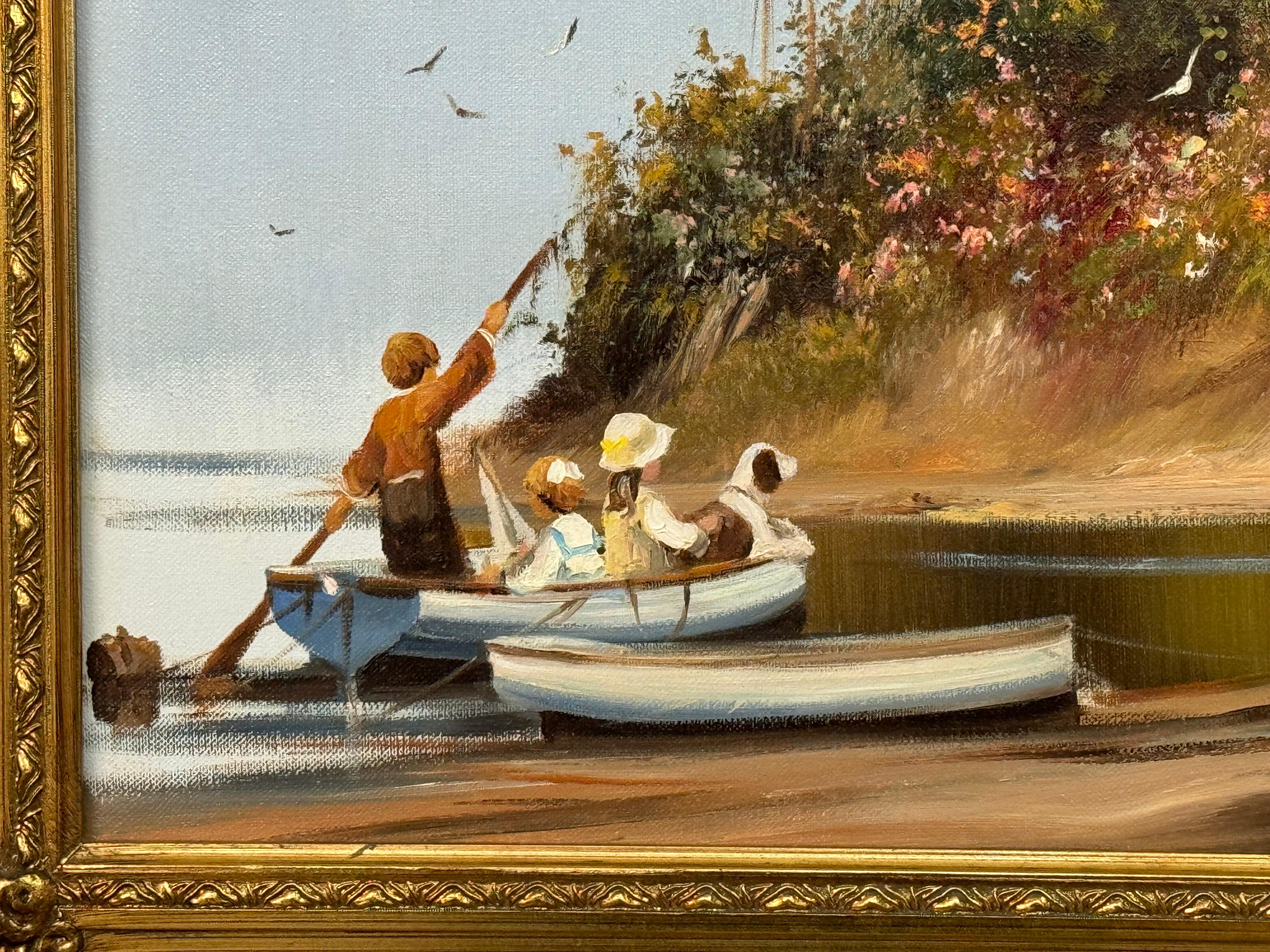Three Children and Dog in a Rowing Boat at a Farmhouse Flower Garden in England For Sale 9
