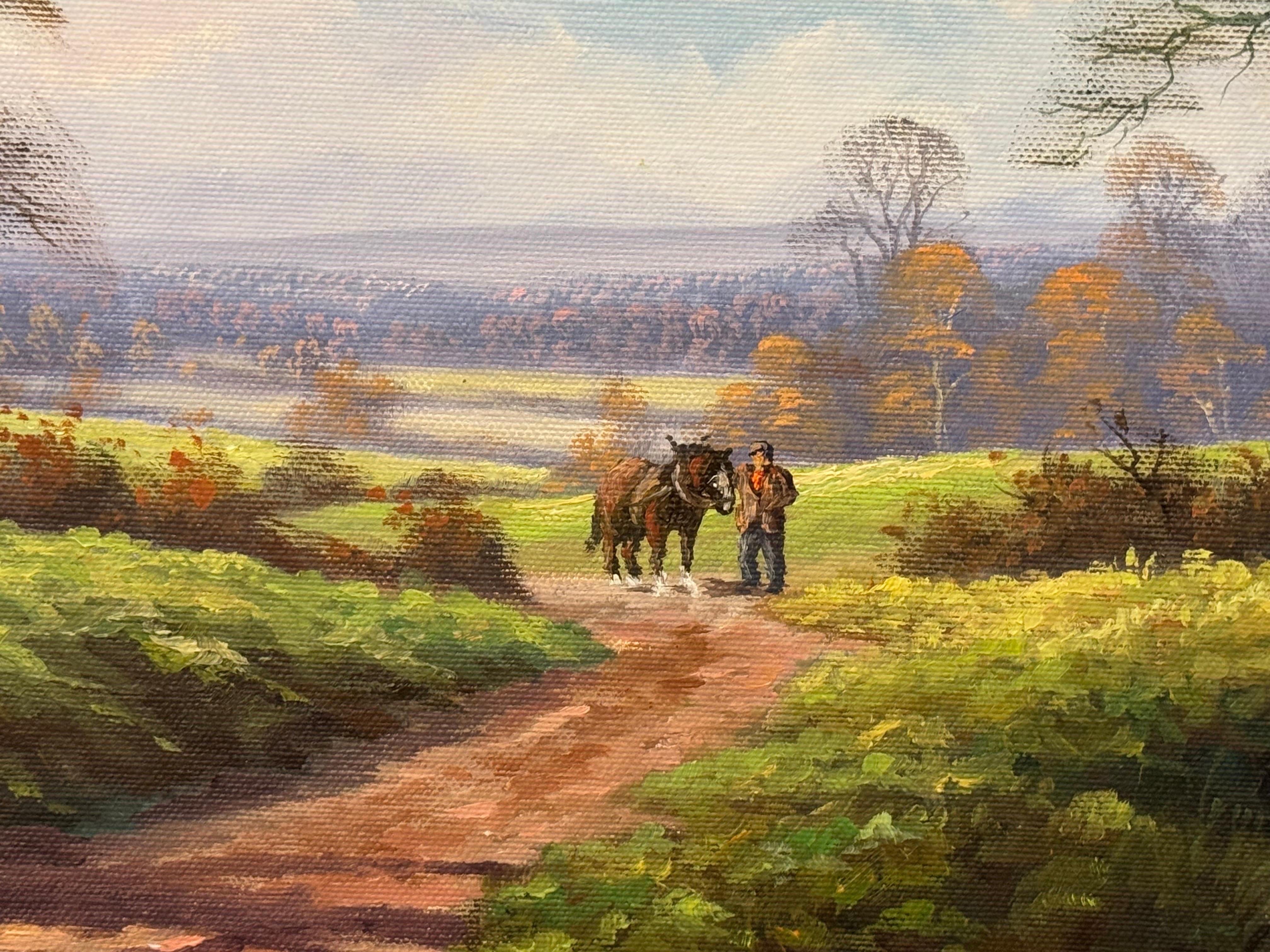 Caballo de Shire y hombre junto a río arbolado en la campiña inglesa por artista británico en venta 5