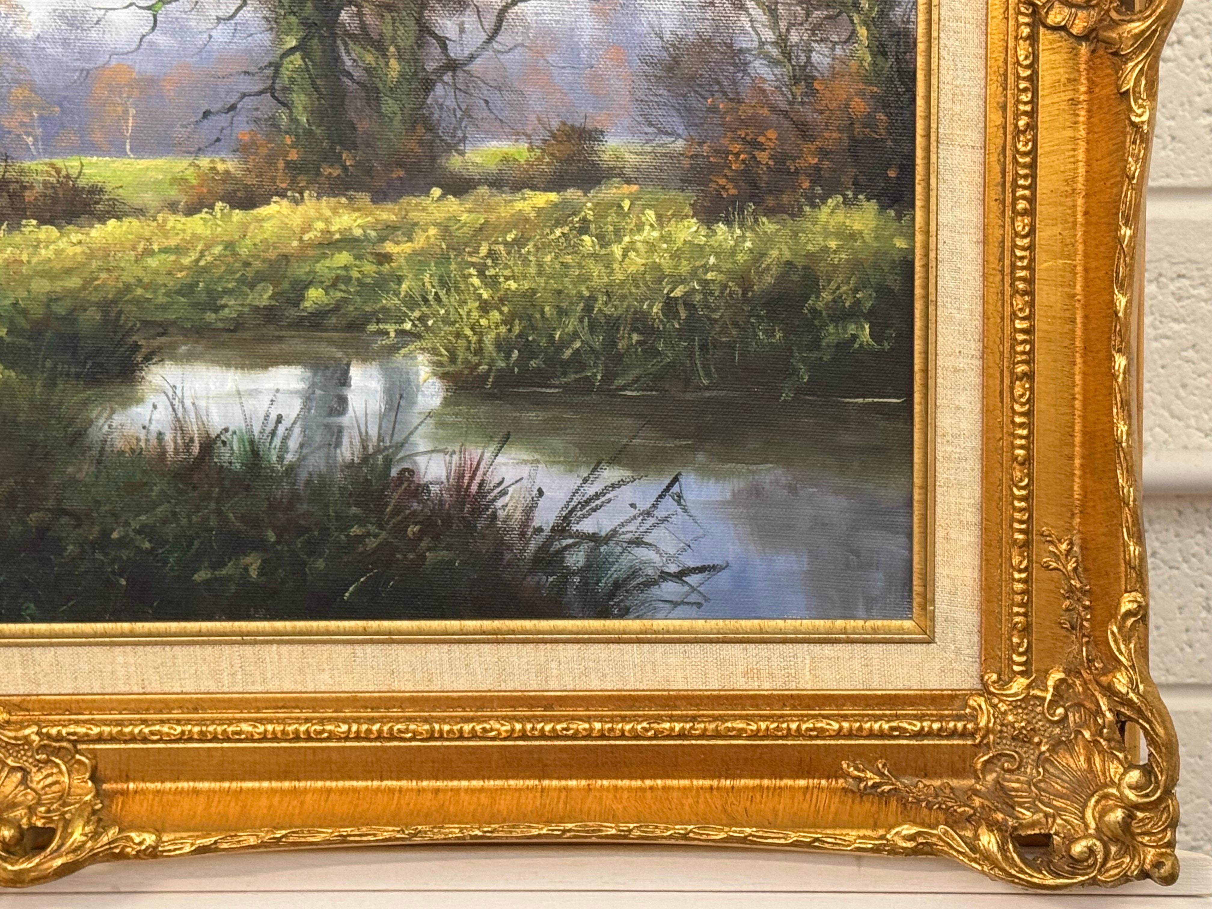 Caballo de Shire y hombre junto a río arbolado en la campiña inglesa por artista británico en venta 6