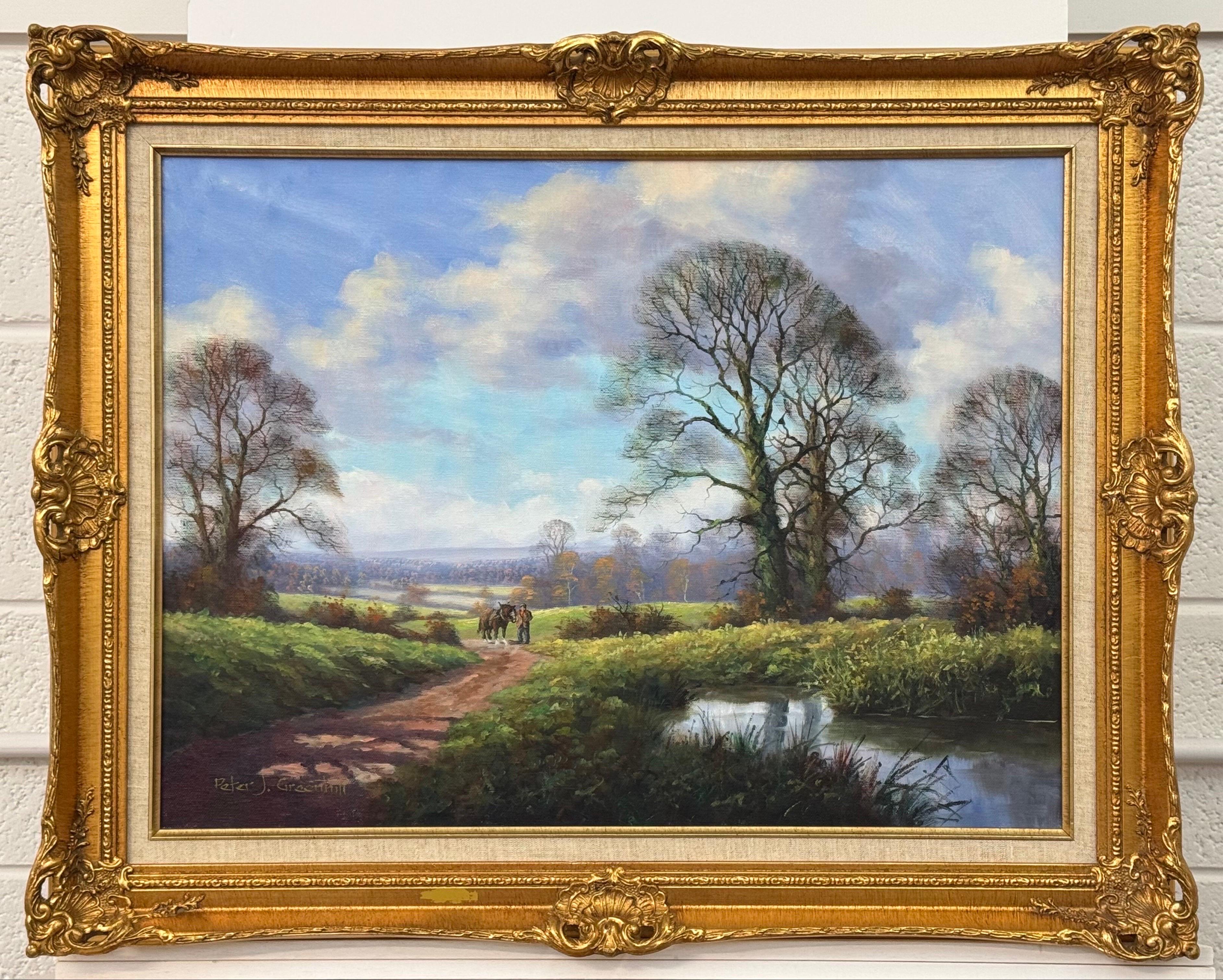 Caballo de Shire y hombre junto a río arbolado en la campiña inglesa por artista británico en venta 14