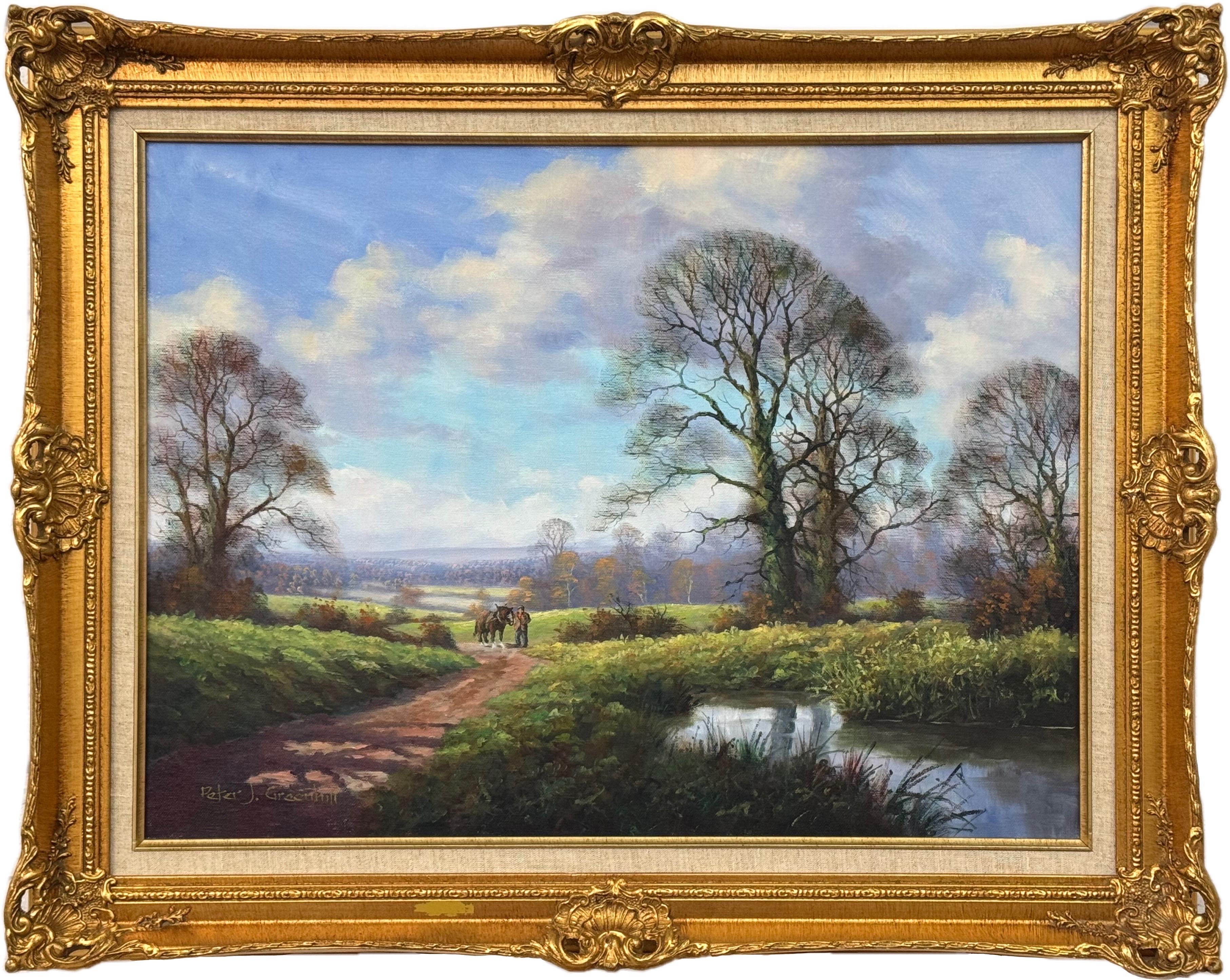 Figurative Painting de Peter J Greenhill - Caballo de Shire y hombre junto a río arbolado en la campiña inglesa por artista británico