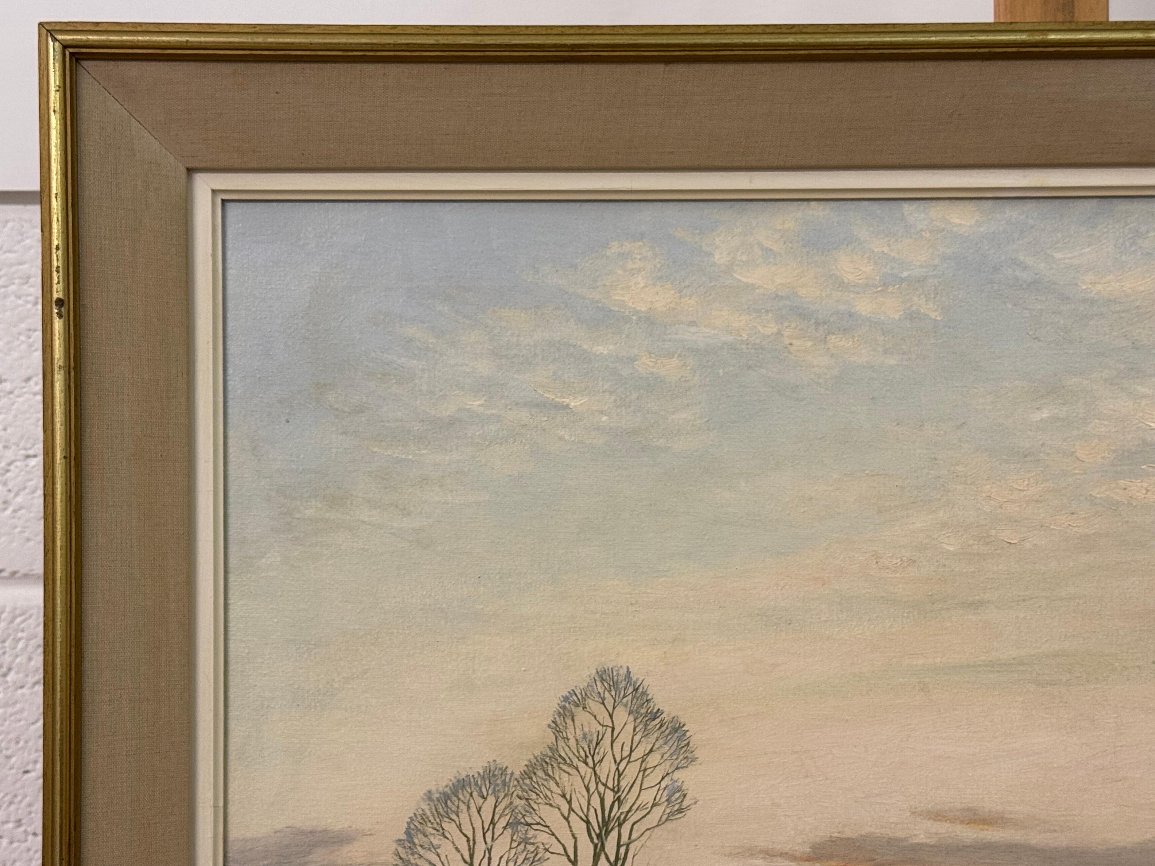 20th Century Painting of a River Landscape Winter Snow Scene with Gypsy Caravans For Sale 1