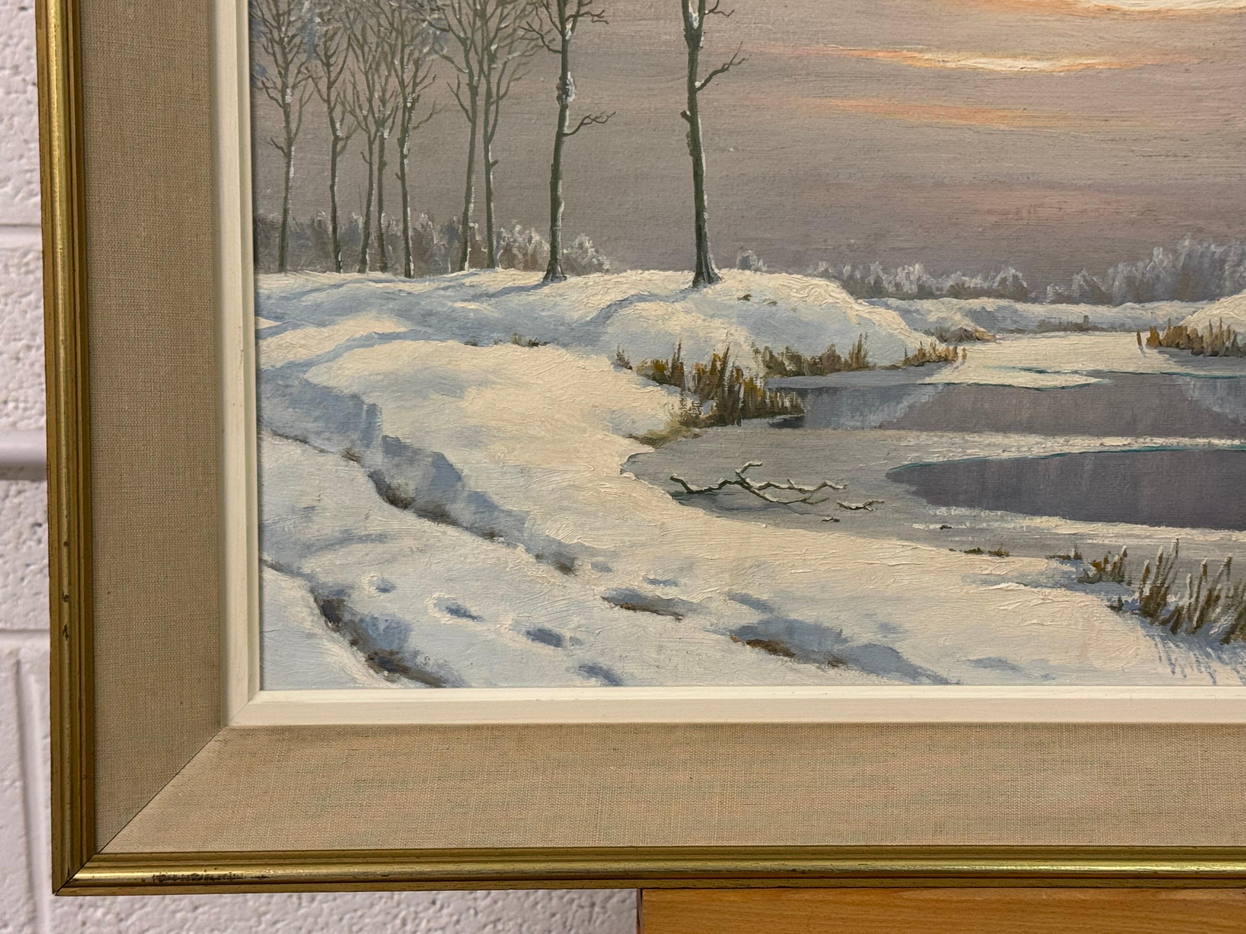 20th Century Painting of a River Landscape Winter Snow Scene with Gypsy Caravans For Sale 2