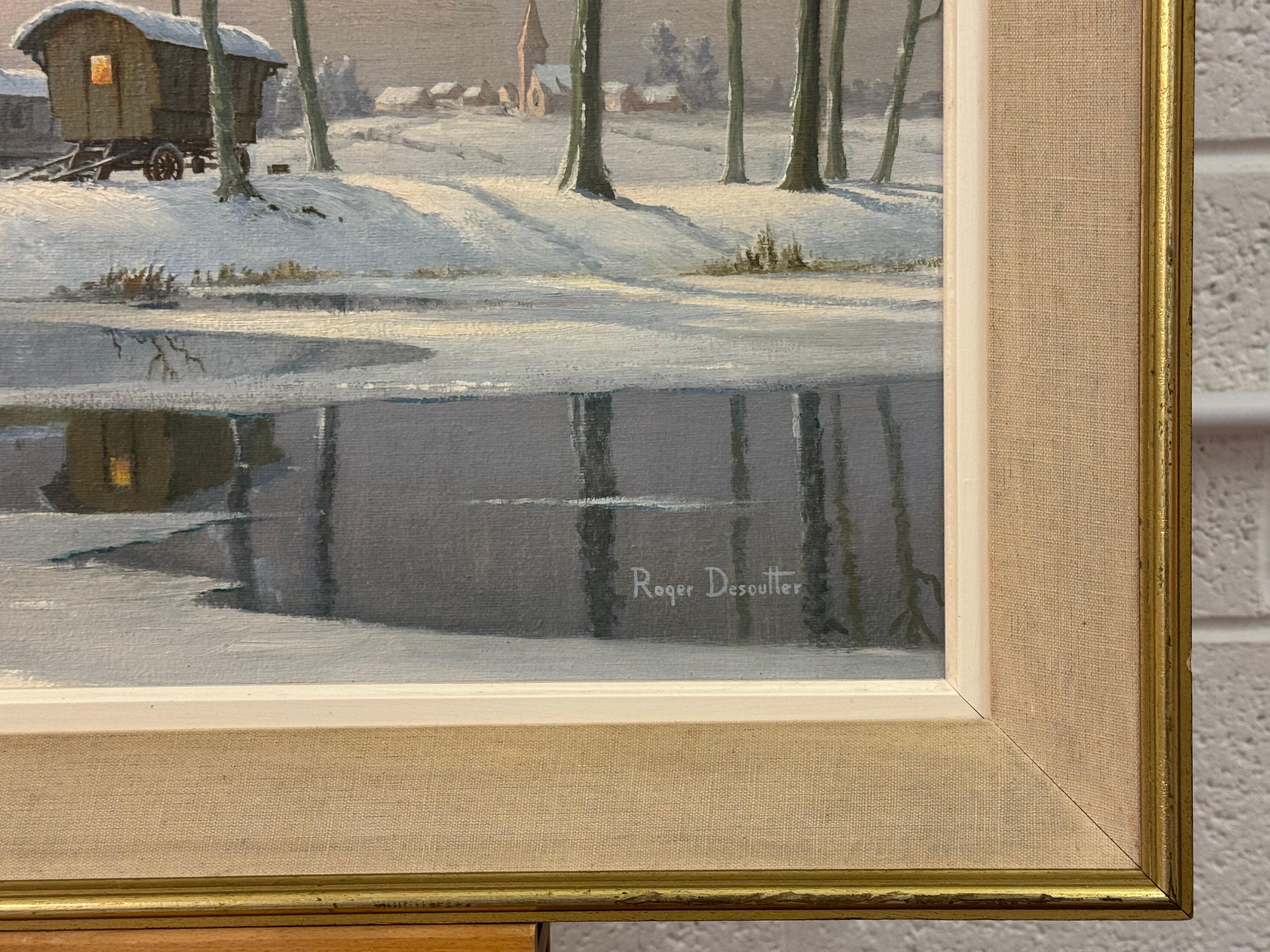 20th Century Painting of a River Landscape Winter Snow Scene with Gypsy Caravans For Sale 3