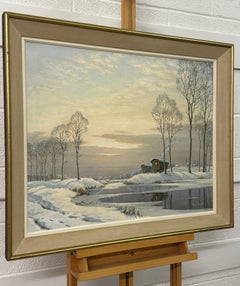 20th Century Painting of a River Landscape Winter Snow Scene with Gypsy Caravans