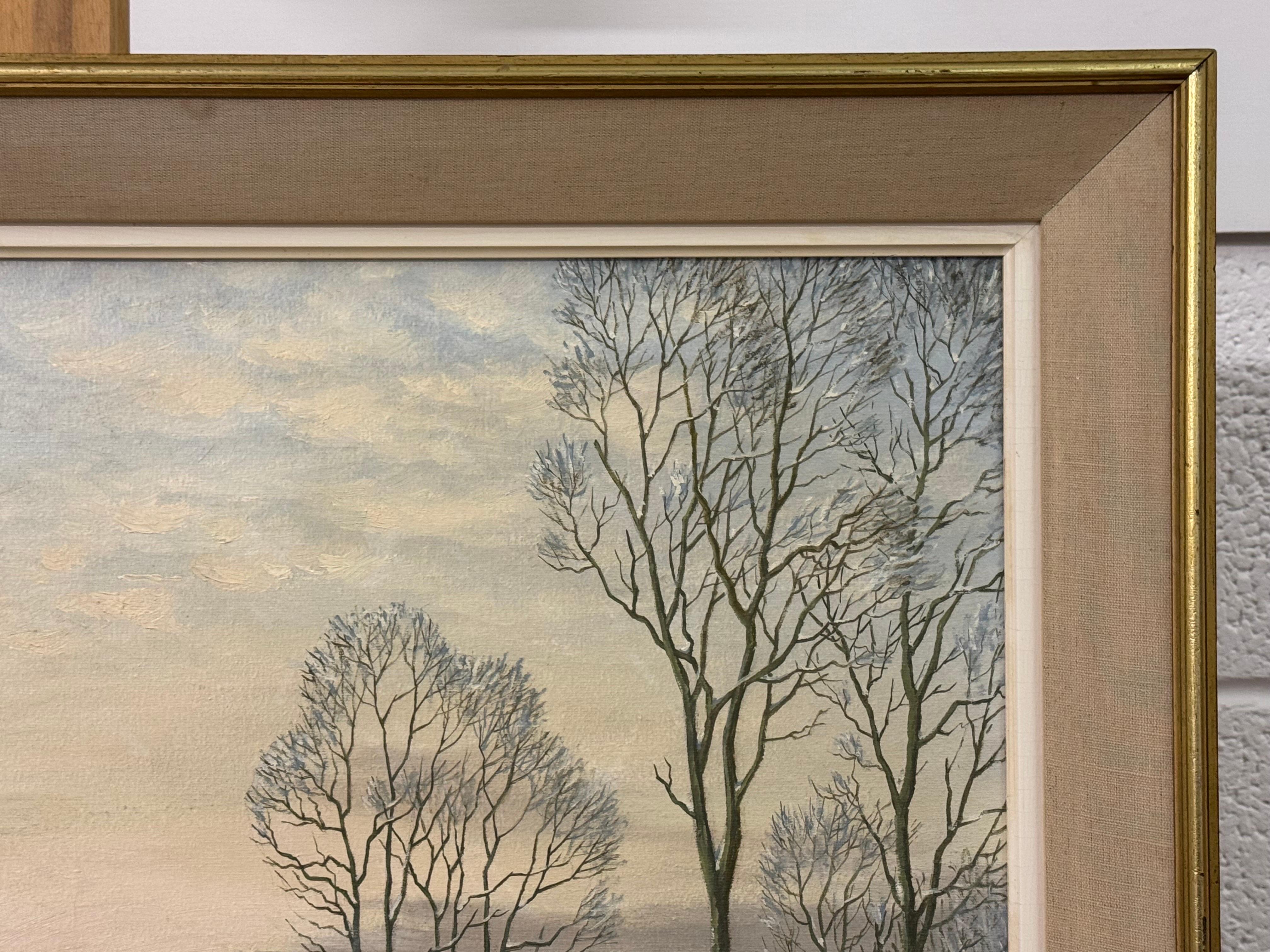20th Century Painting of a River Landscape Winter Snow Scene with Gypsy Caravans For Sale 5