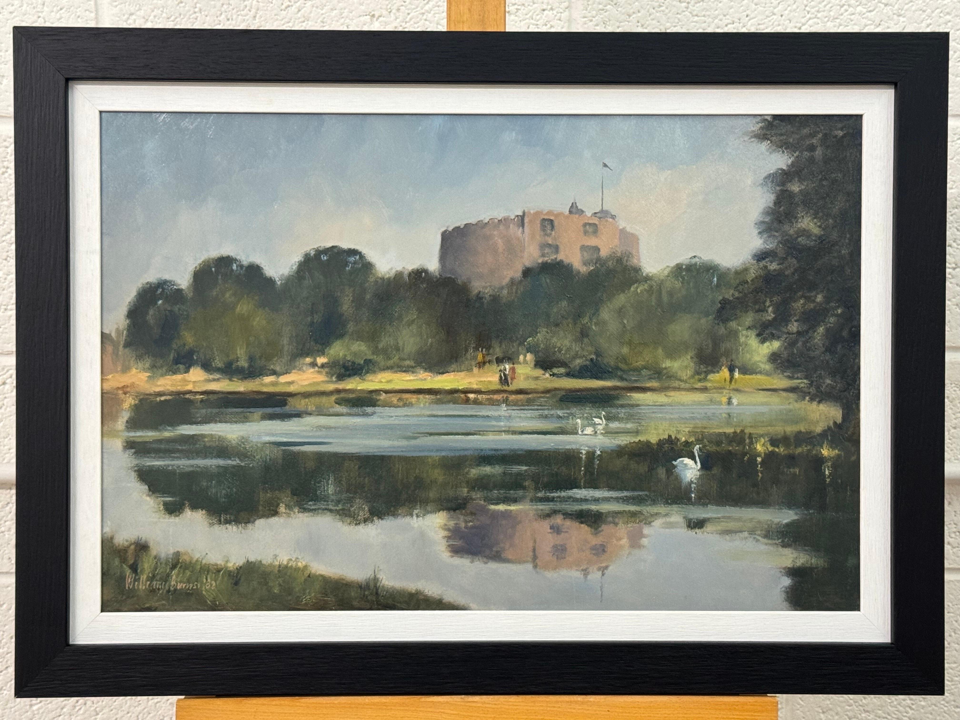 Pittura a olio d'epoca del Castello di Windsor con cigni nel lago, realizzata da un artista britannico in vendita 2