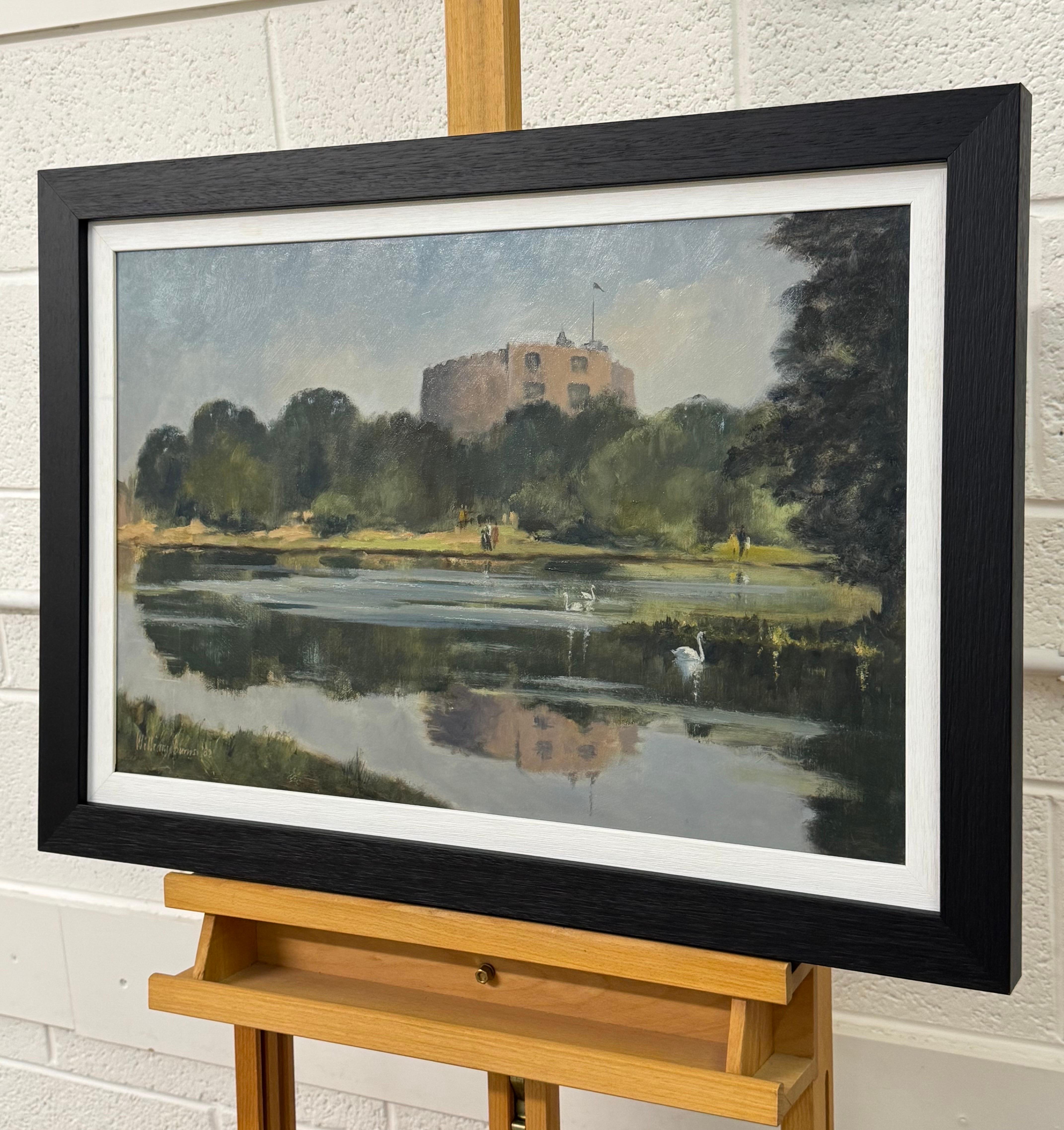 Pittura a olio d'epoca del Castello di Windsor con cigni nel lago, realizzata da un artista britannico - Landscape Painting Grigio di William Burns