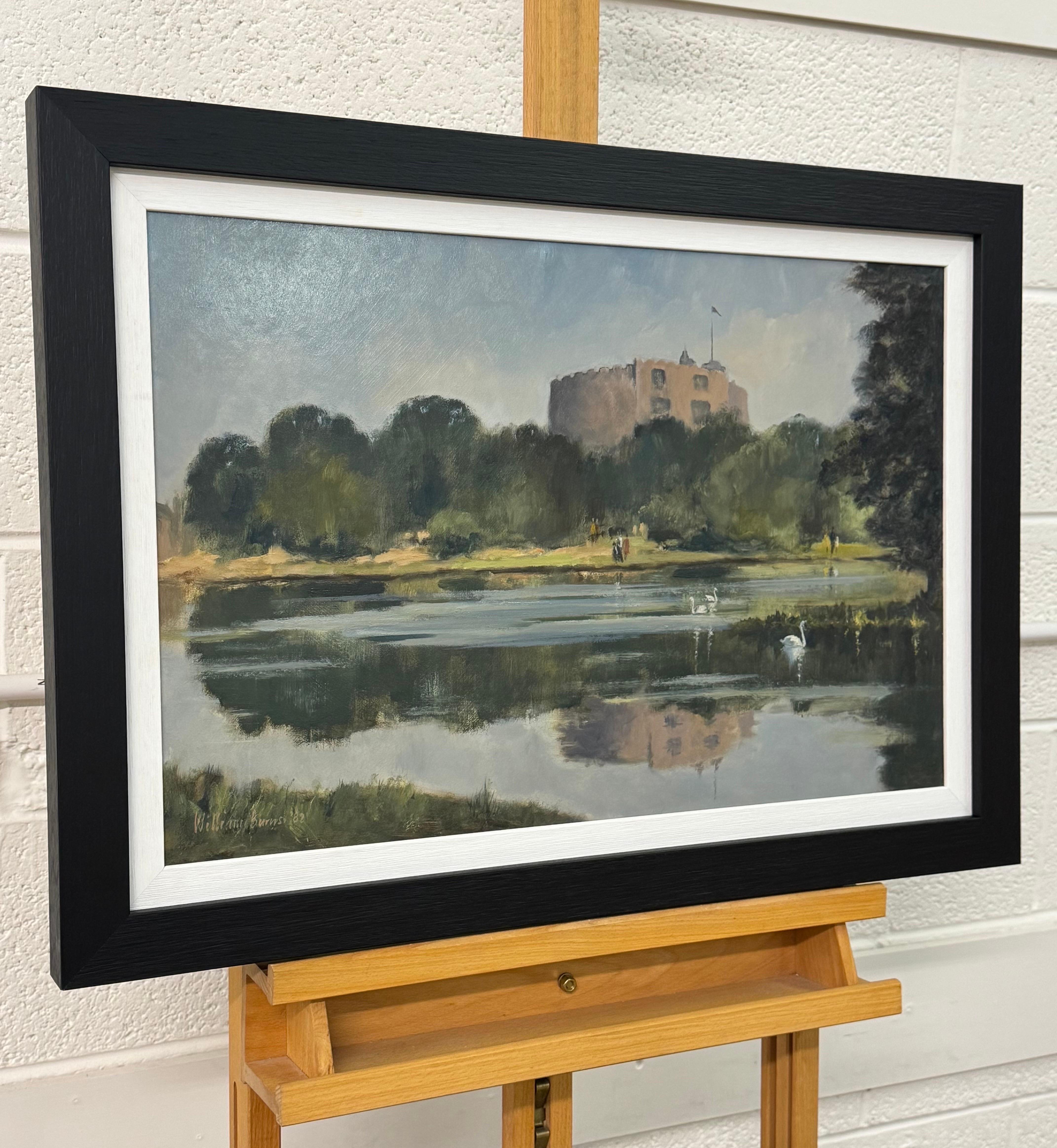 Pittura a olio d'epoca del Castello di Windsor con cigni nel lago, realizzata da un artista britannico - Painting di William Burns