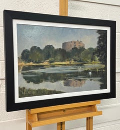 Vintage Oil Painting of Windsor Castle with Swans in the Lake by British Artist