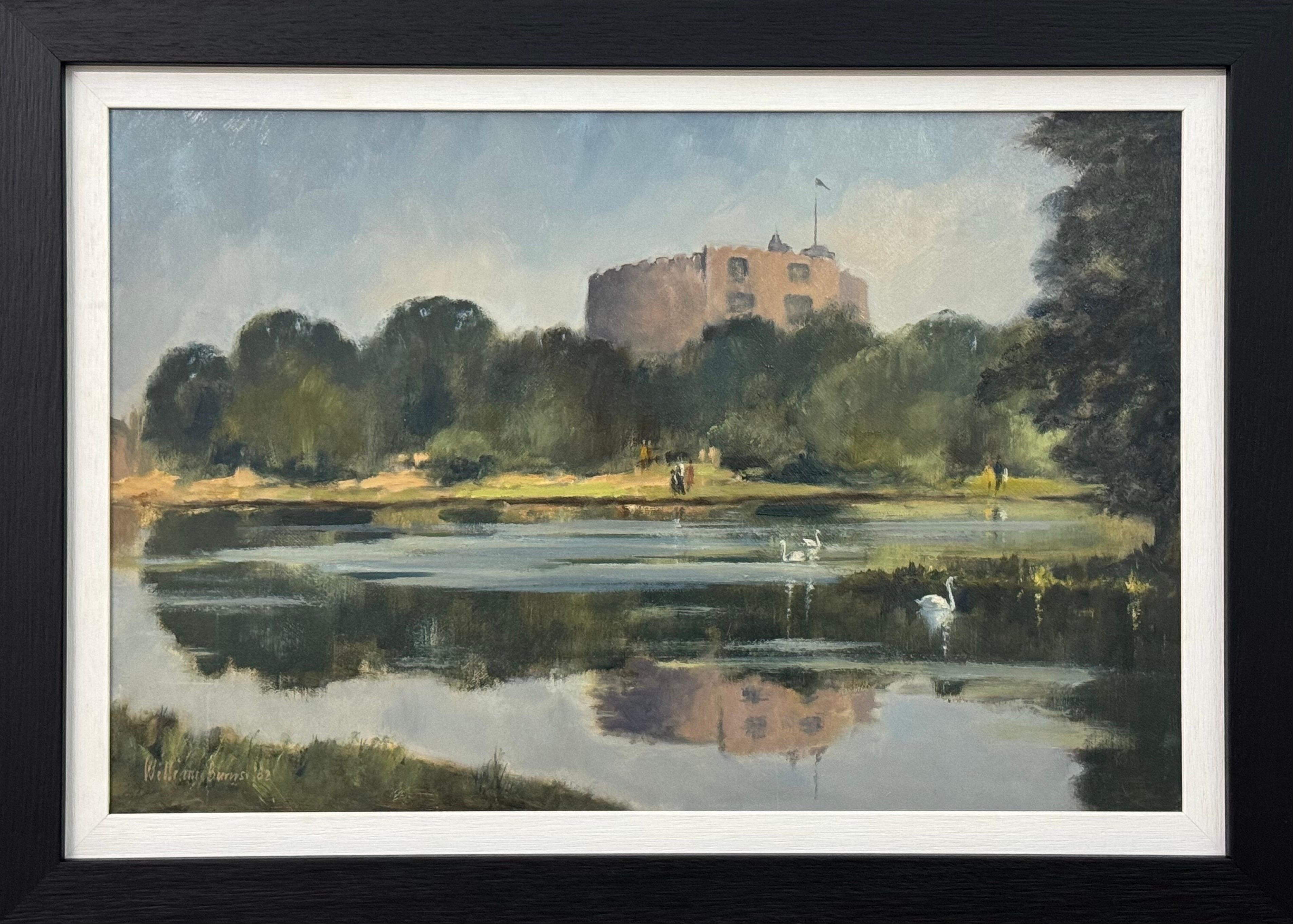 Vintage Oil Painting of Windsor Castle with Swans in the Lake by British Artist