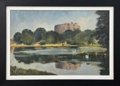 Peinture à l'huile vintage du château de Windsor avec des cygnes dans le lac par un artiste britannique