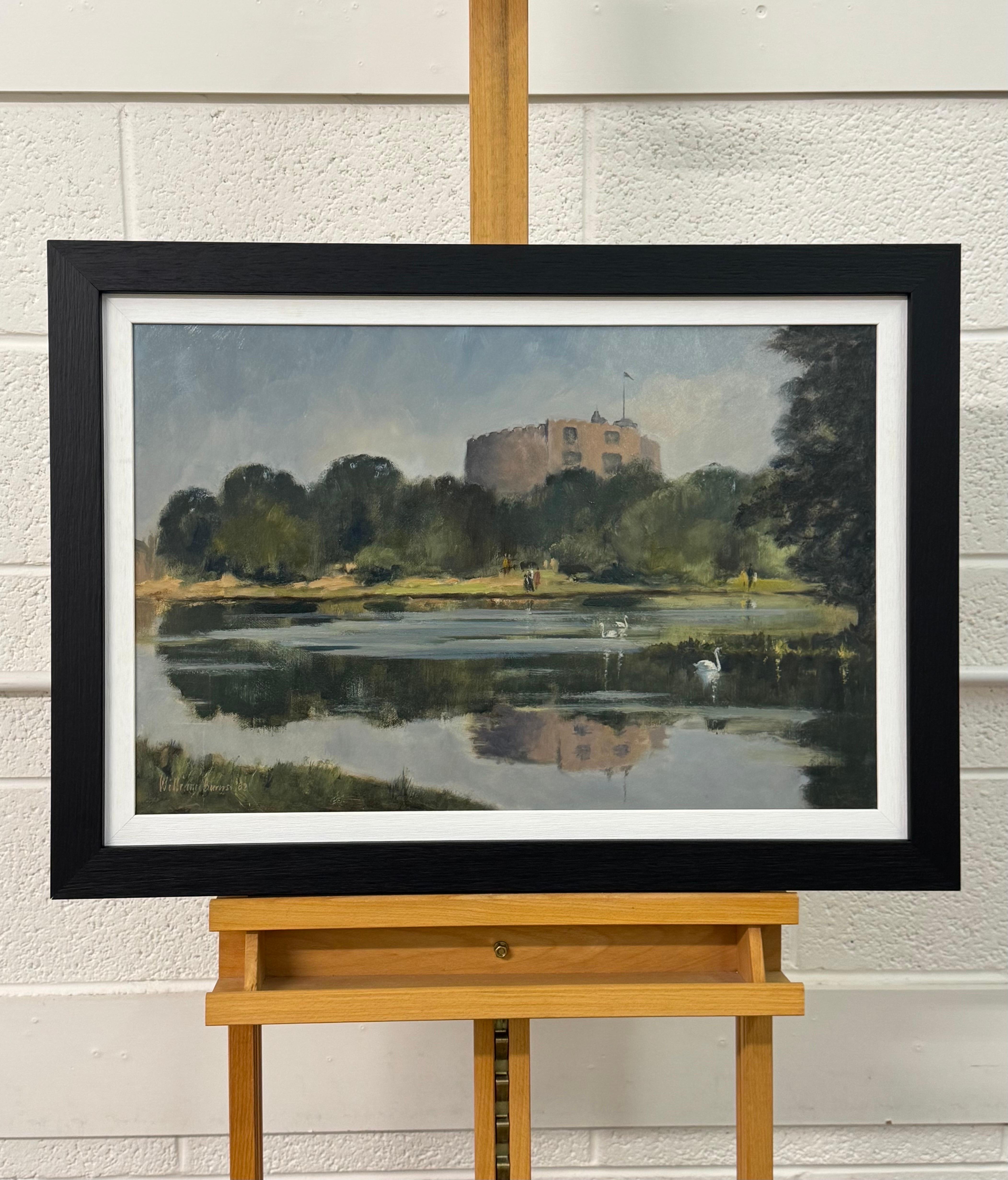 Pittura a olio d'epoca del Castello di Windsor con cigni nel lago, realizzata da un artista britannico - Painting Scuola inglese di William Burns