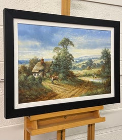 Rural Scene with Horses, Farm Workers & Thatched Cottage in English Countryside