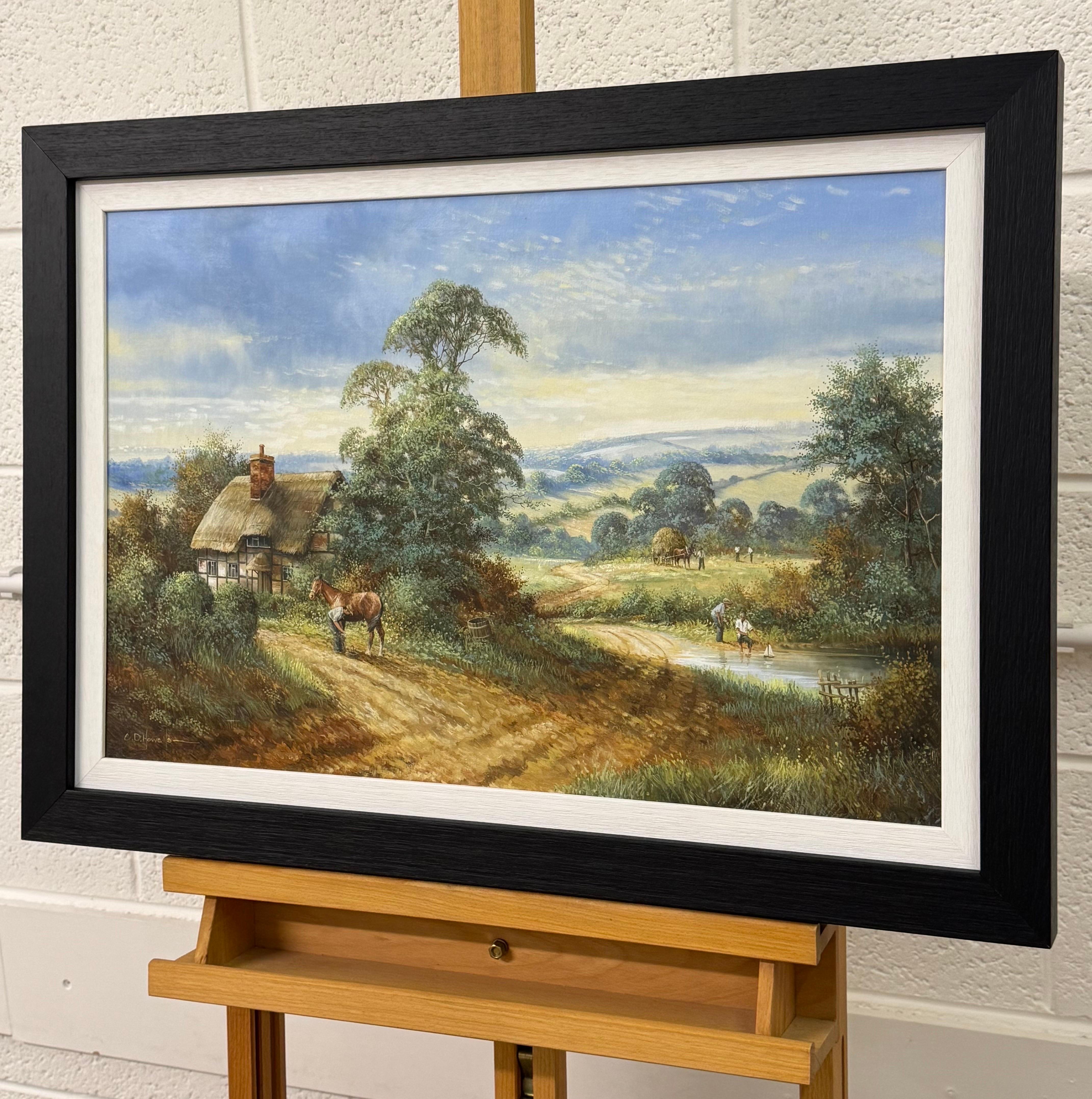 Bauernhofssszene mit Pferden, Bauernhofarbeitern und Holzfällern in englischer Landschaft (Braun), Animal Painting, von Chris Howells