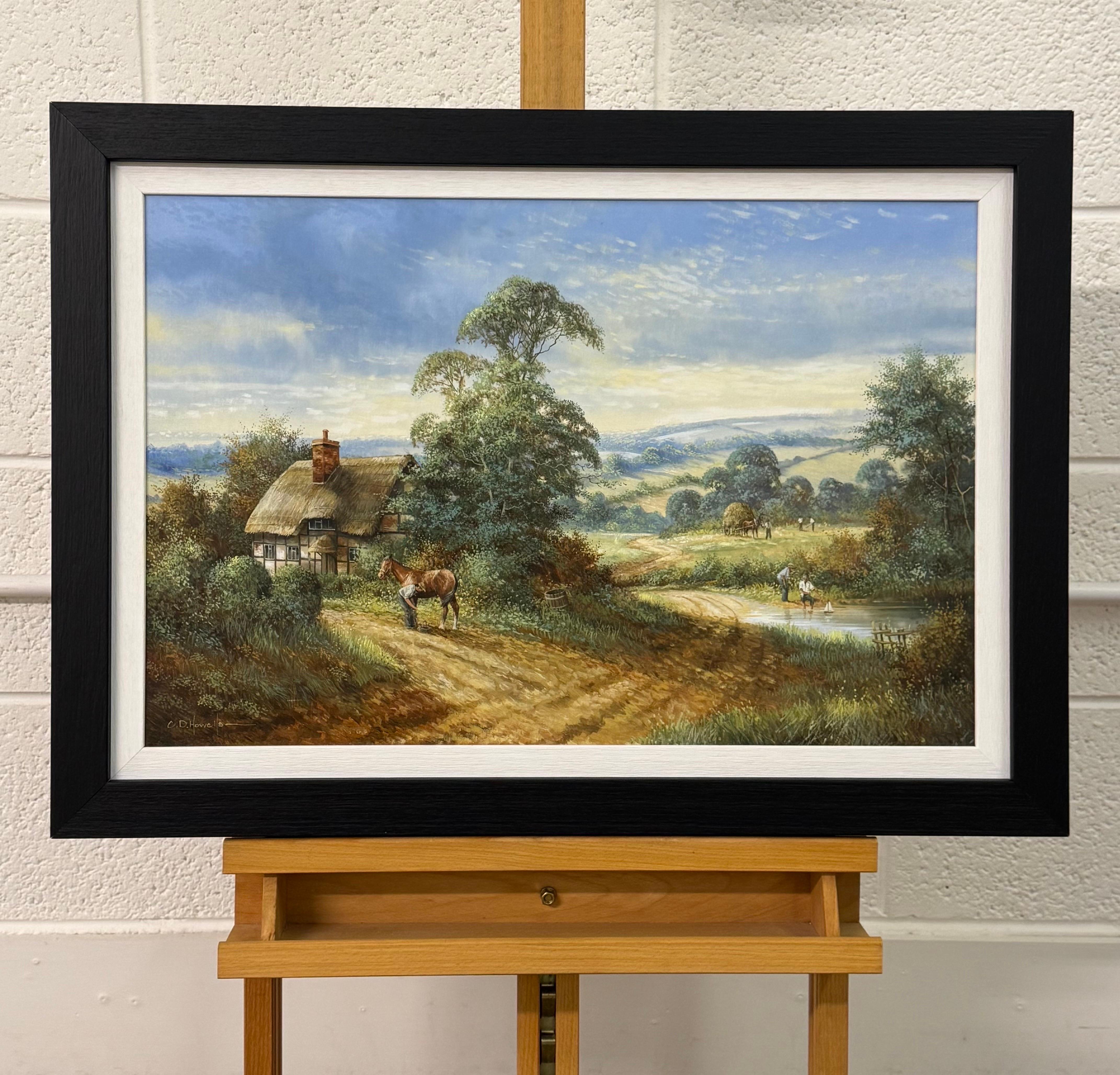 Bauernhofssszene mit Pferden, Bauernhofarbeitern und Holzfällern in englischer Landschaft (Realismus), Painting, von Chris Howells