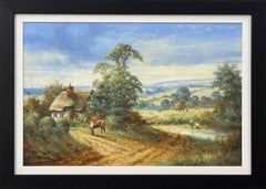 Scena rurale con cavalli, contadini e cottage con tetto di paglia nella campagna inglese