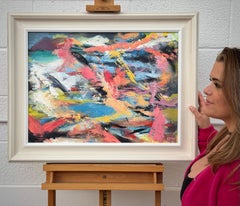 Pink, Blue & Yellow Abstract Expressionist Art by Contemporary British Artist