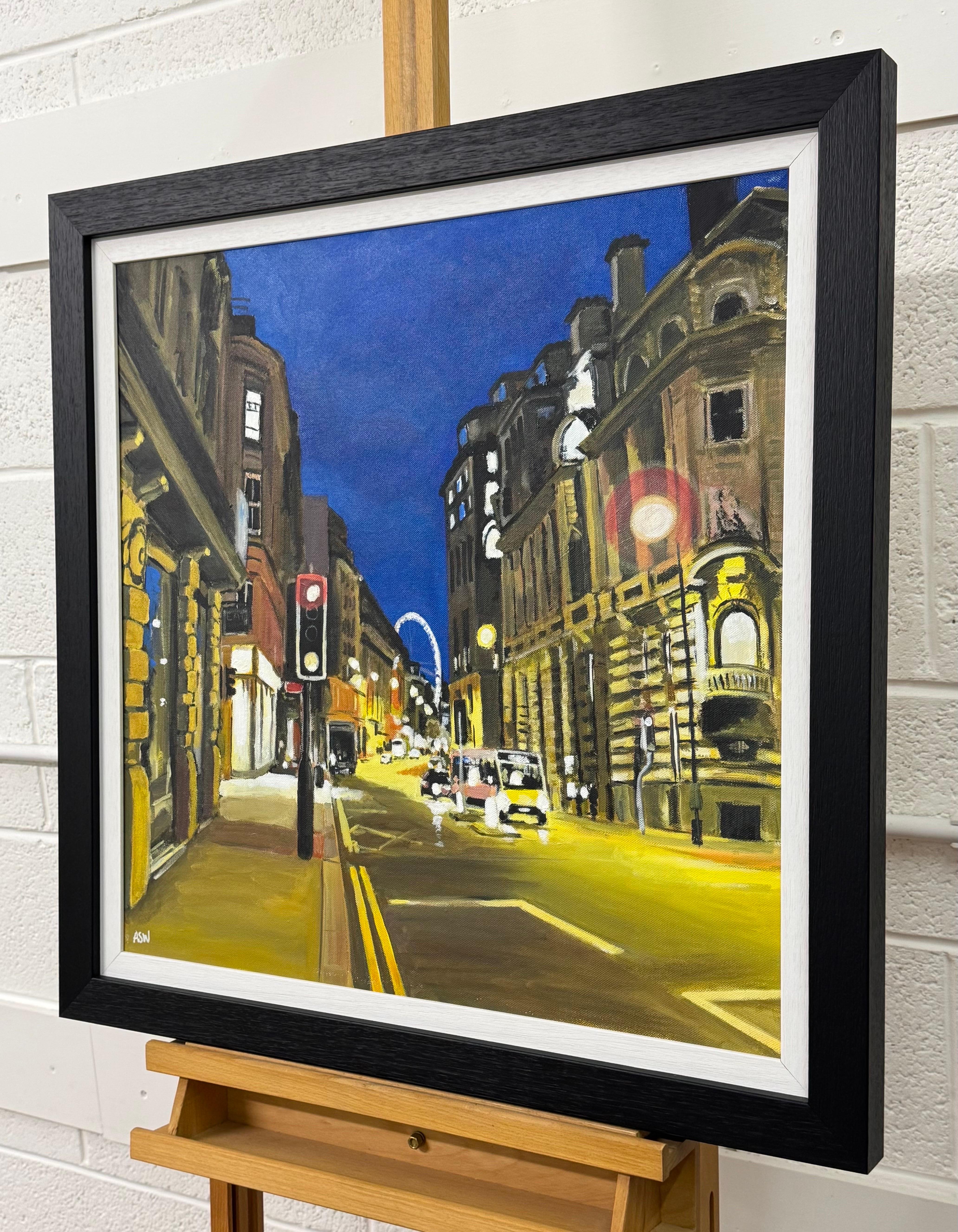 Deansgate Manchester City Urban Night Scene von Contemporary Britain Artist (Schwarz), Landscape Painting, von Angela Wakefield